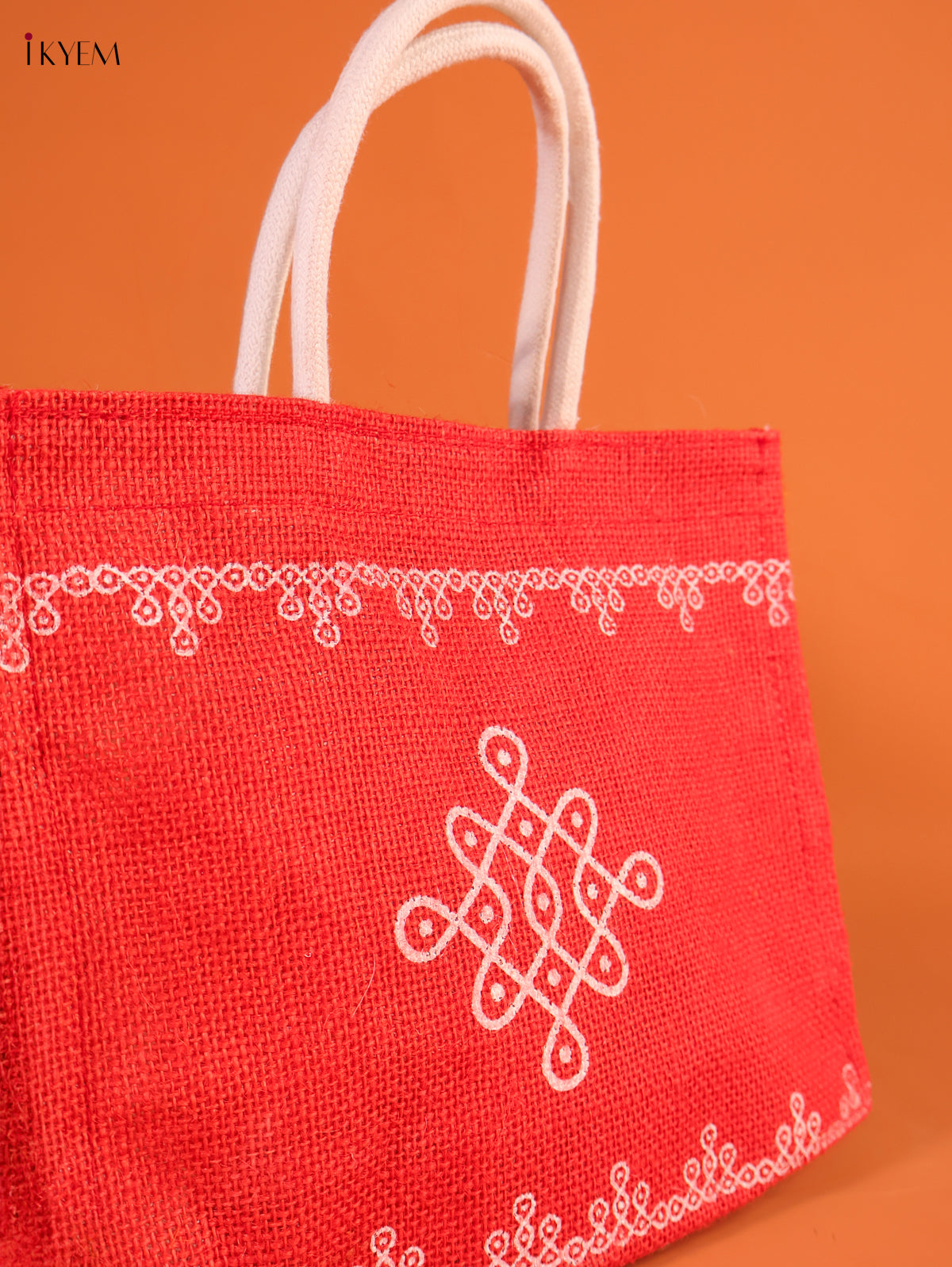 Gorgeous Red Jute Bag With Kolam Print  2