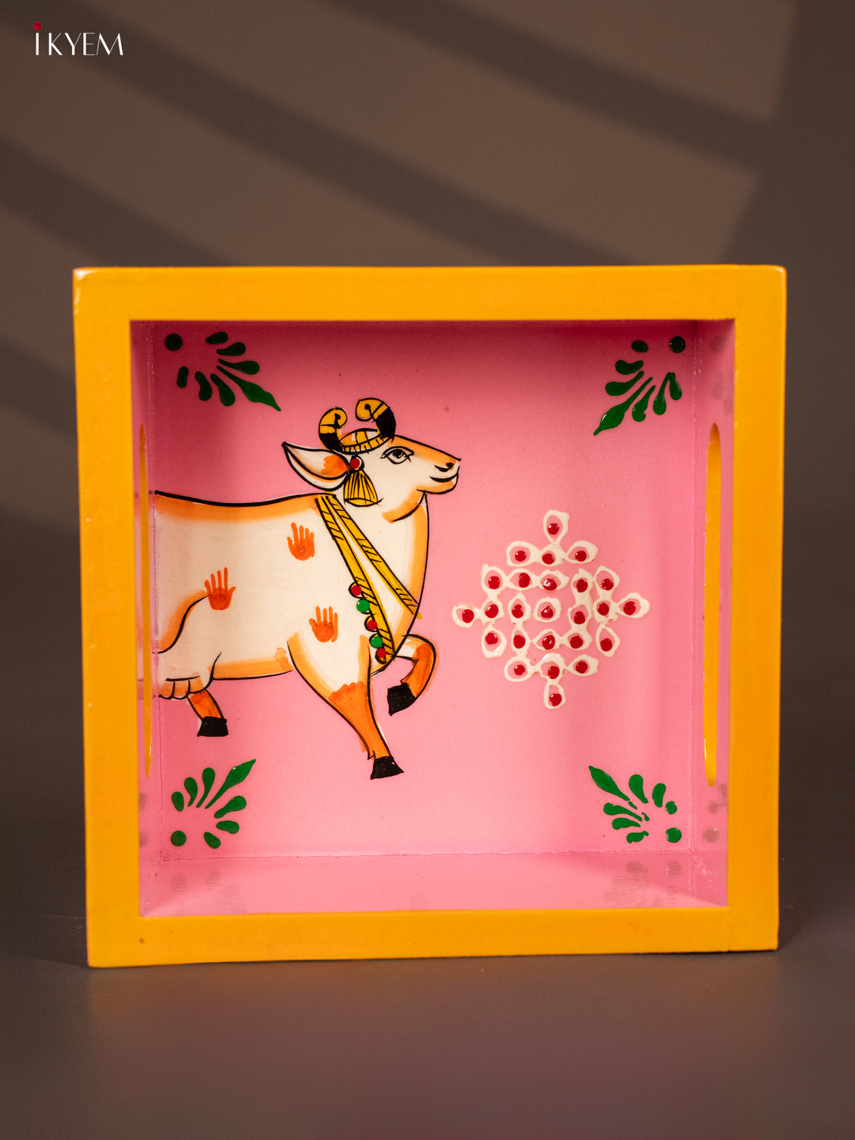 Graceful  Pichwai Cow Hand painted Wooden Tray - (6x6) Inch 