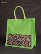 Green Half & Half Kalamkari Jute Bags with Rope Handles 
