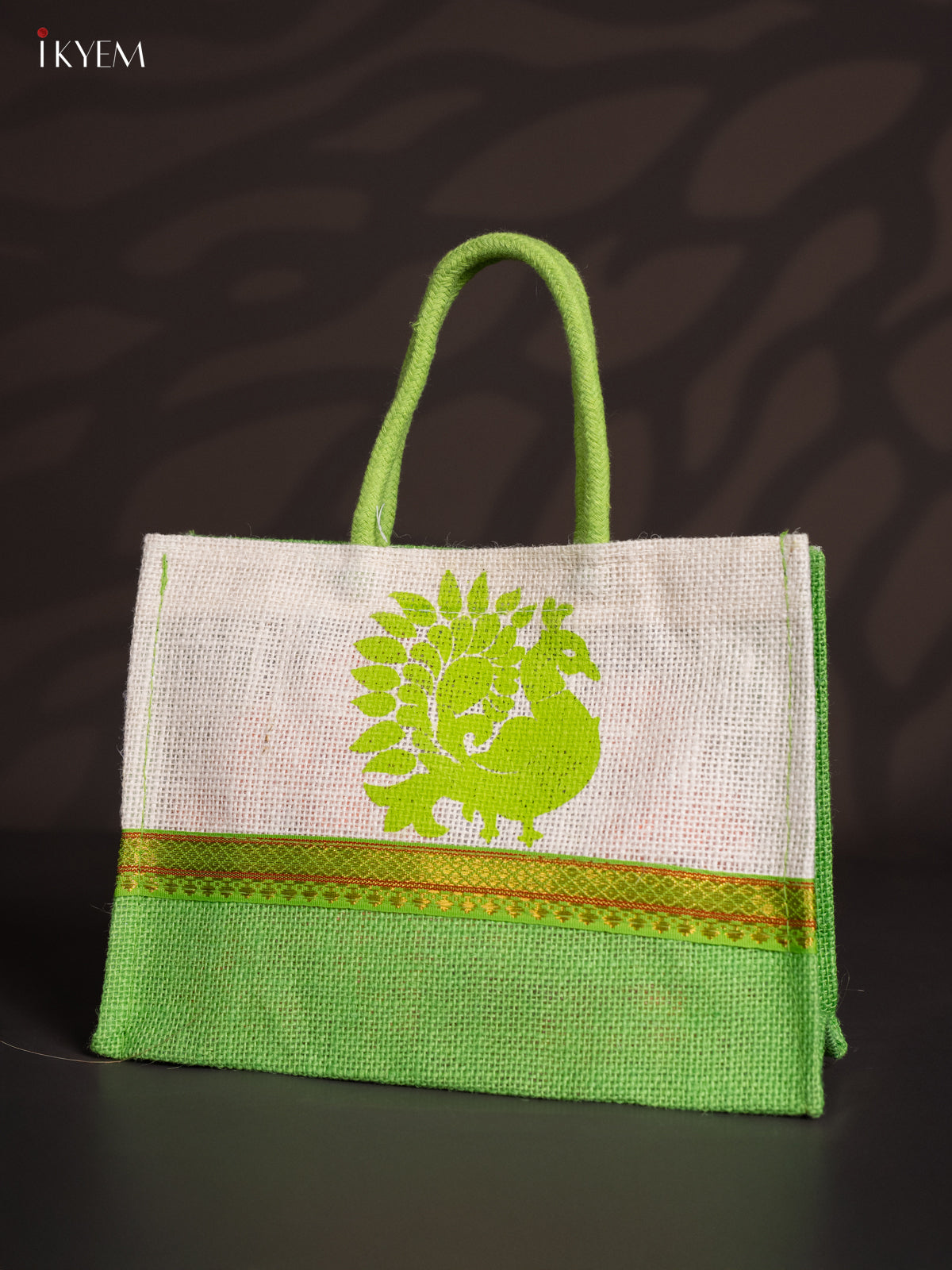 Green & White Jute Bags With Peacock Print