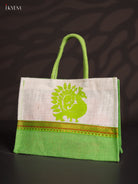 Green & White Jute Bags With Peacock Print