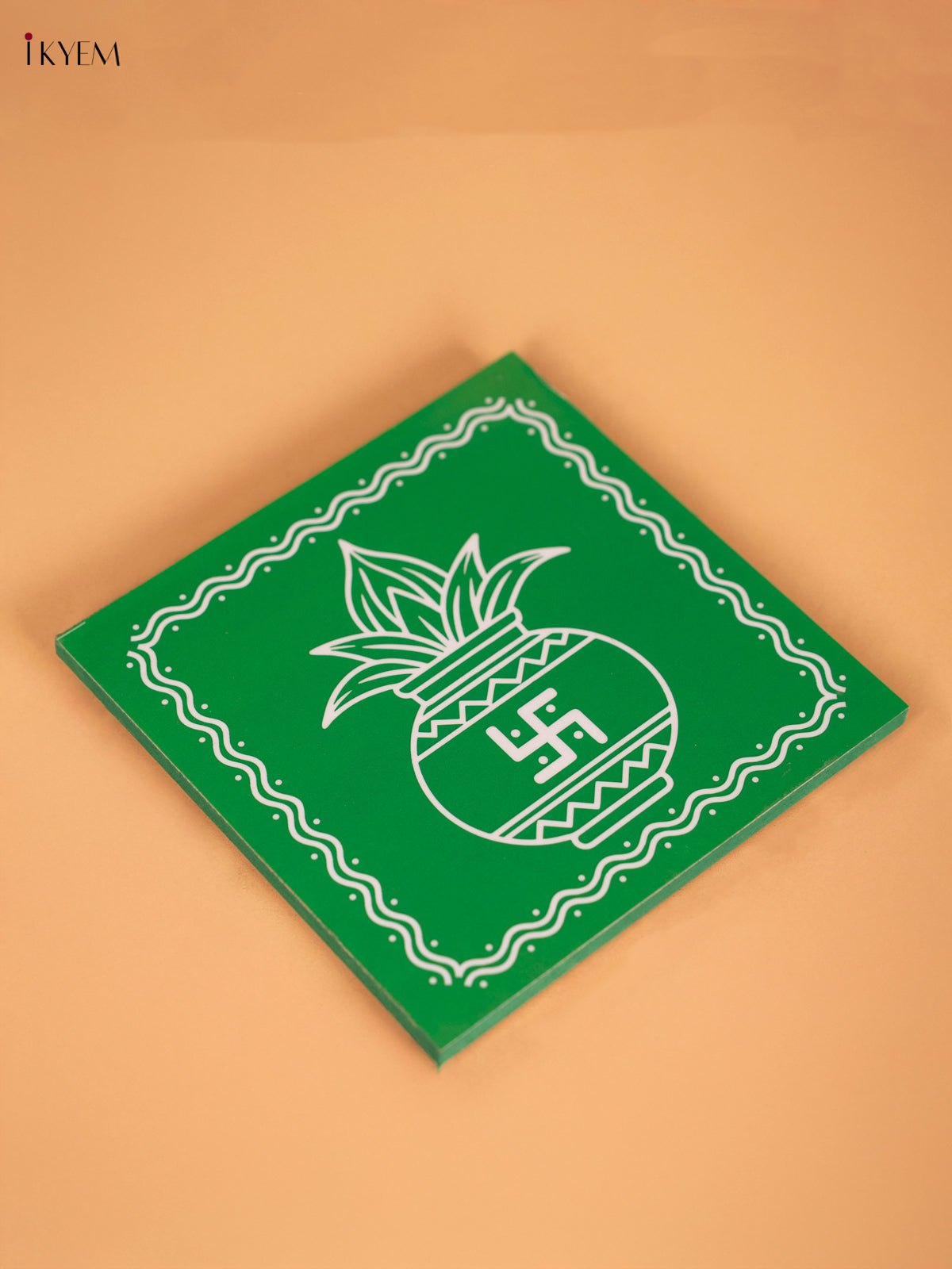 Green Wooden Chowki With Kalasam Painting (6x6) Inch 