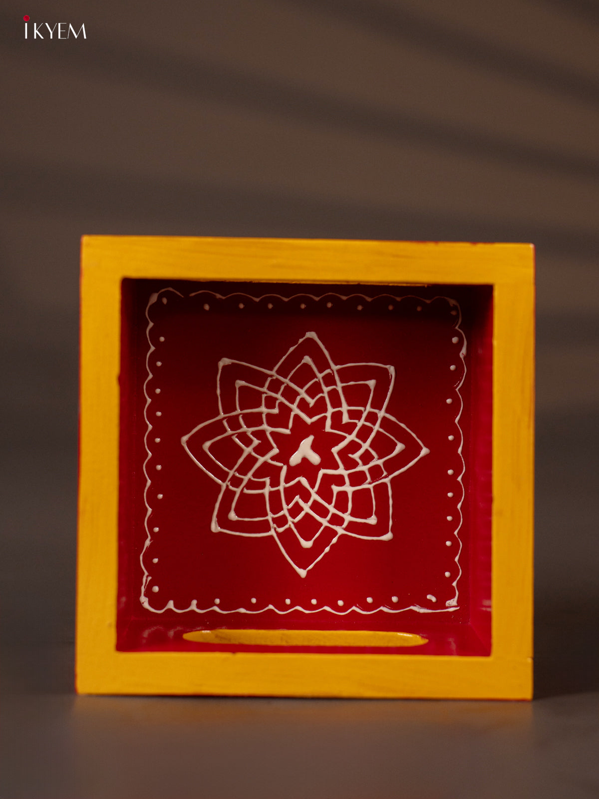 Hrudaya Kamalam Kolam Hand-painted Red Square Wooden Tray - (5x5) Inch 
