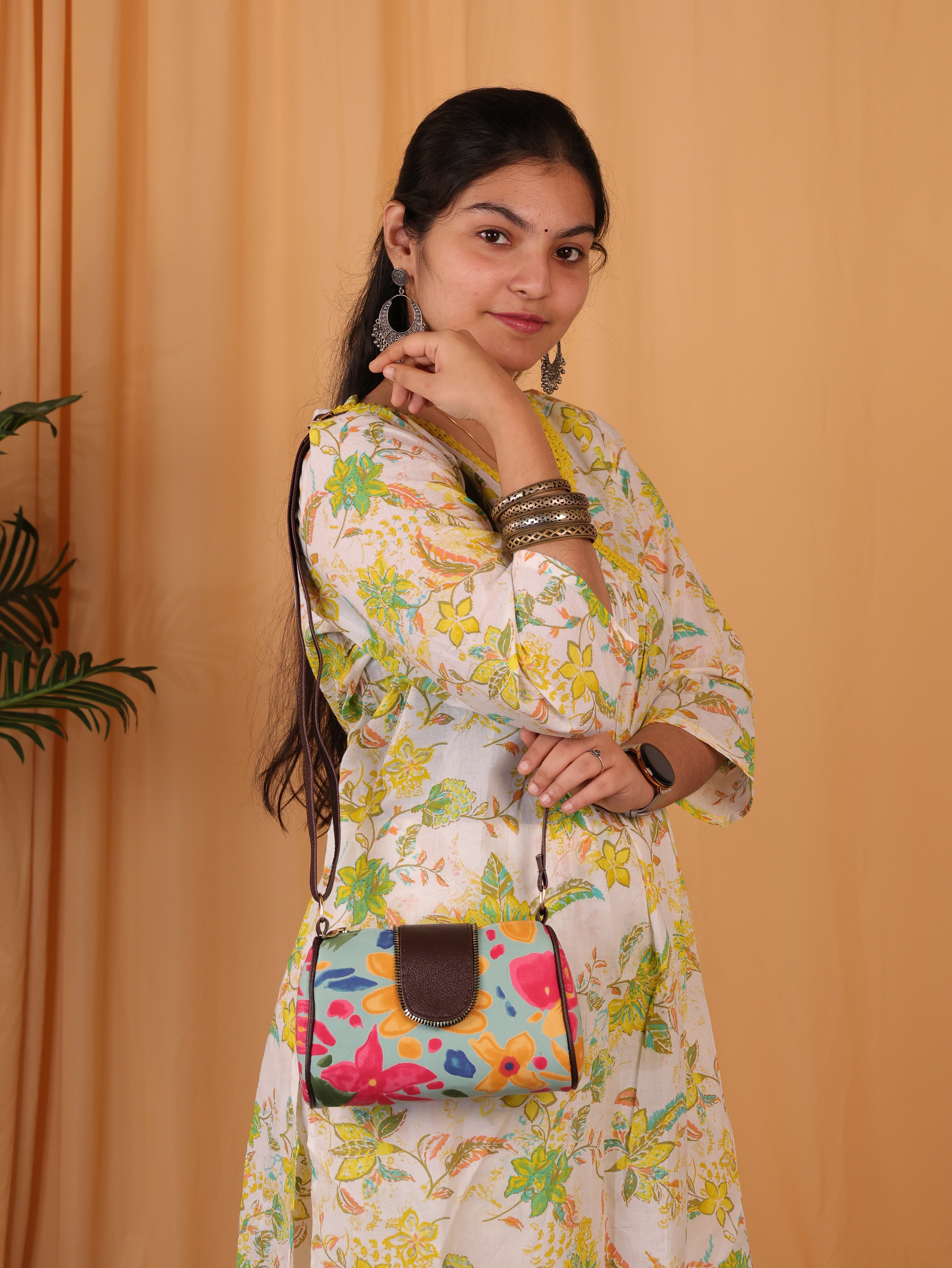 Printed Sling bag with Leather Flap - Yellow - KL20133