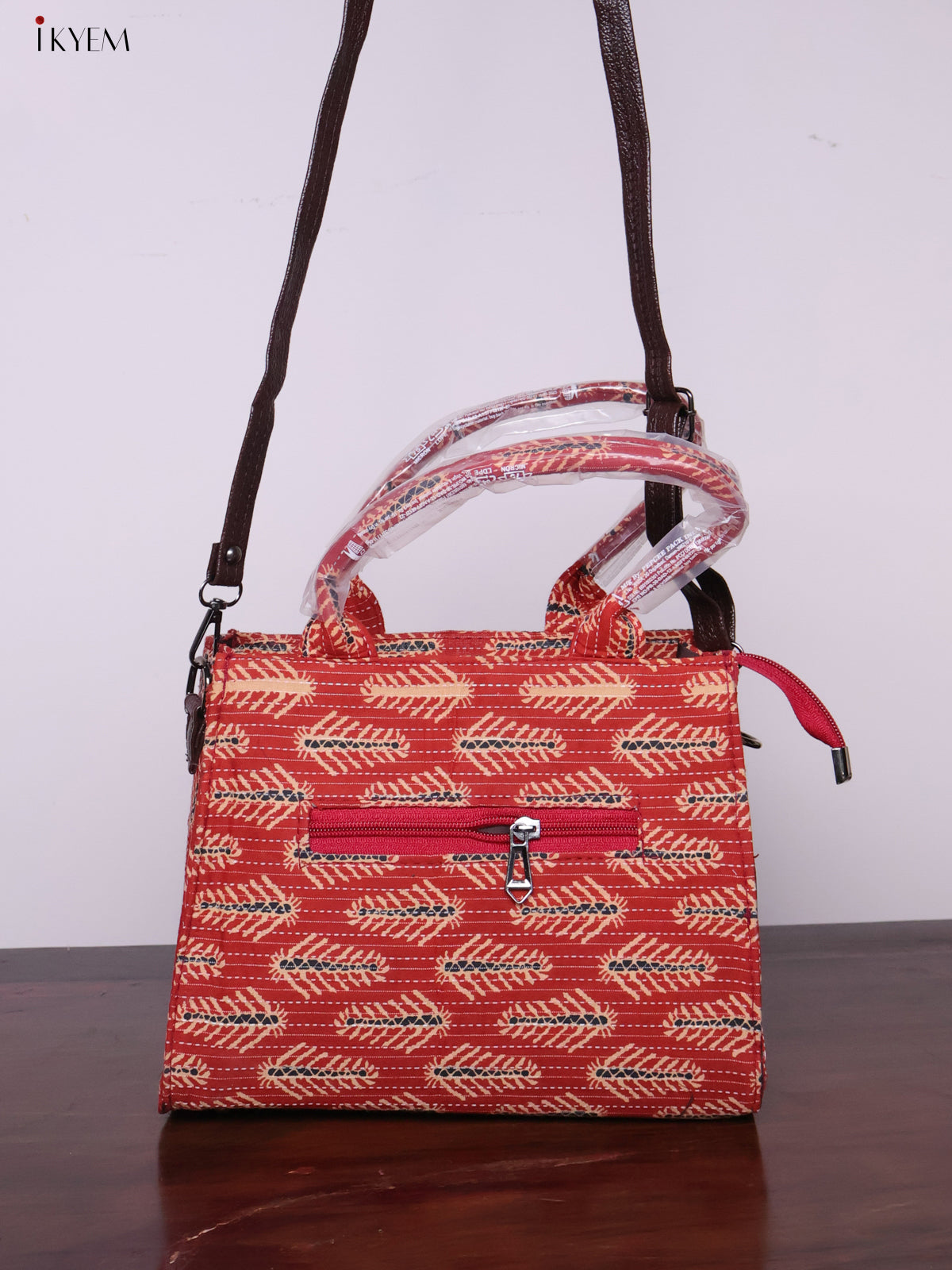 Printed Handbag with Sling - Brick Red - KL20130