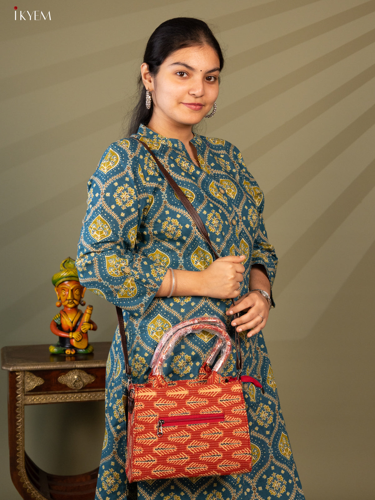 Printed Handbag with Sling - Brick Red - KL20130