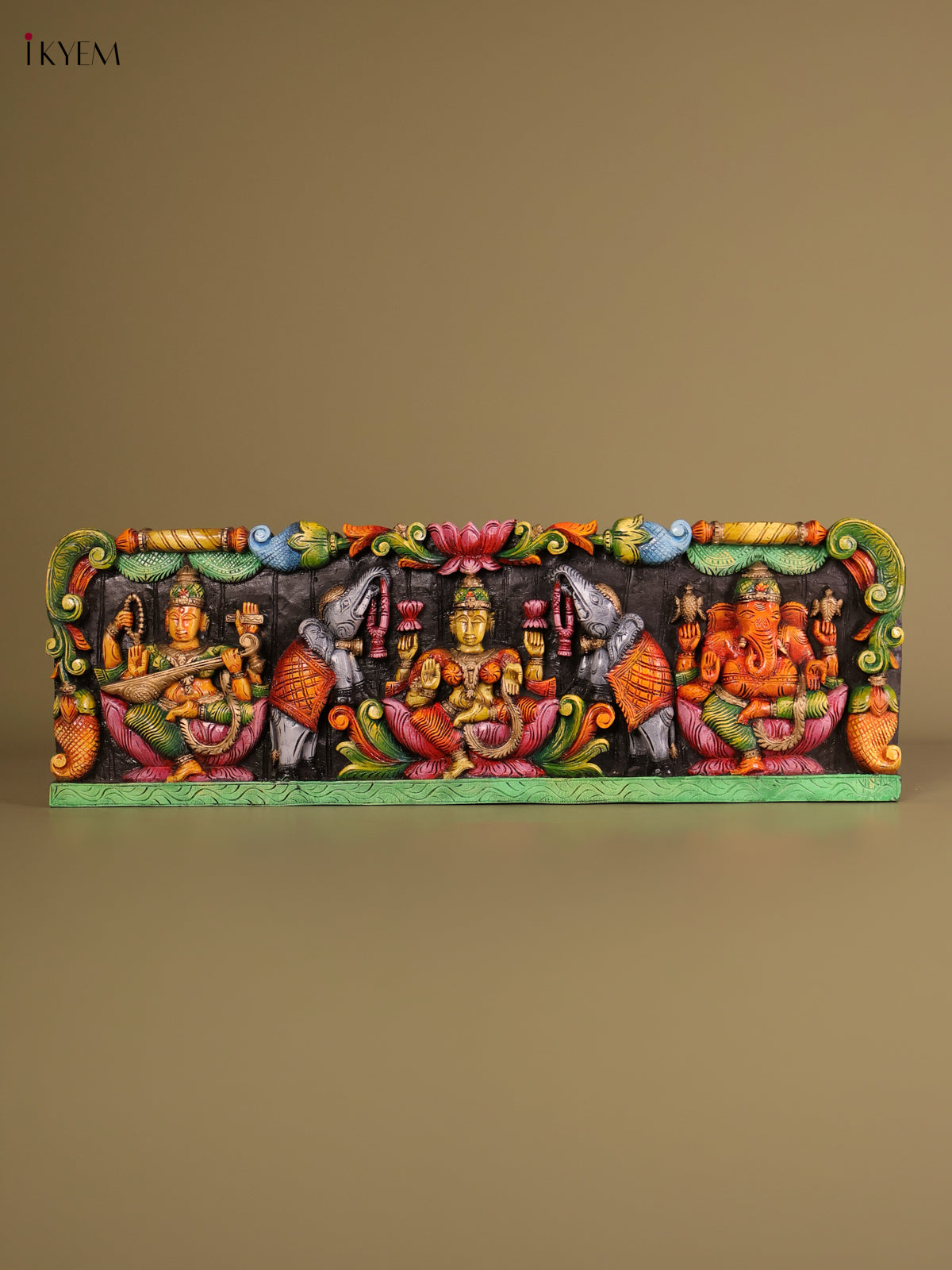 Intricate Handcrafted Lakshmi, Saraswati & Ganesha Wooden Panel 