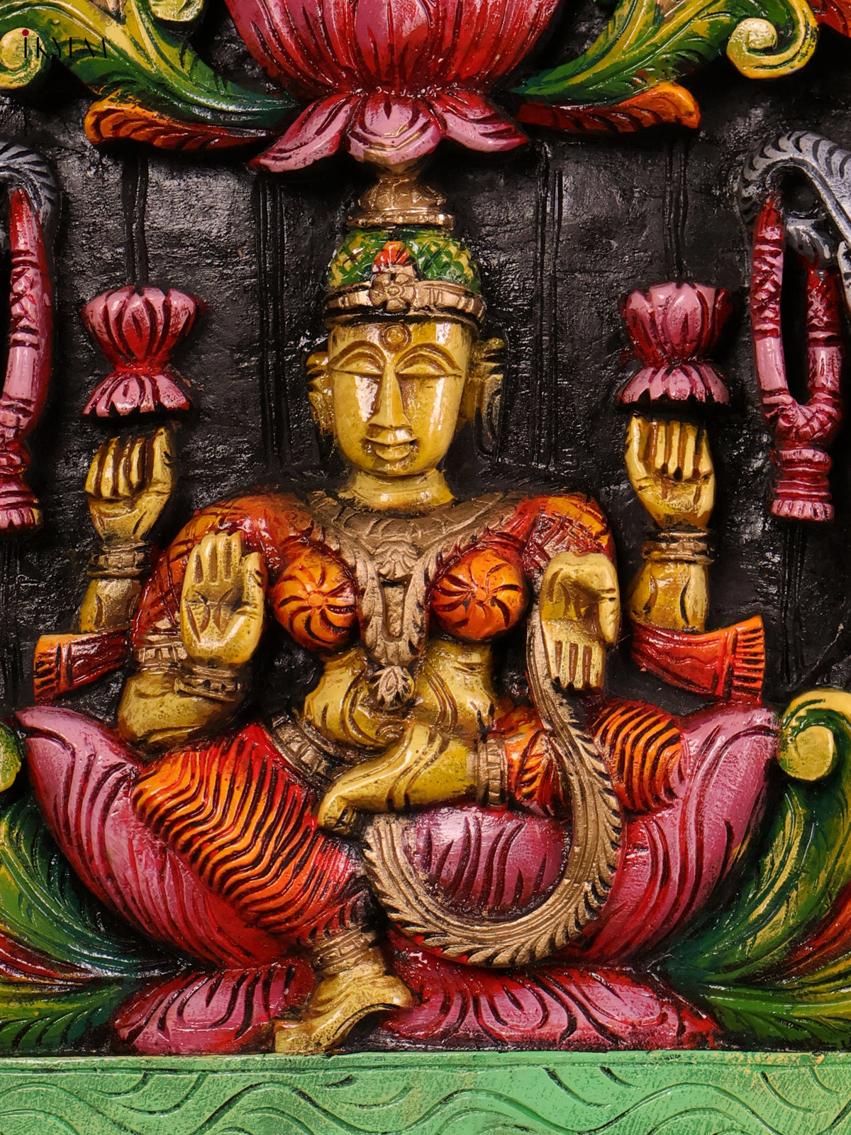 Intricate Handcrafted Lakshmi, Saraswati & Ganesha Wooden Panel 1