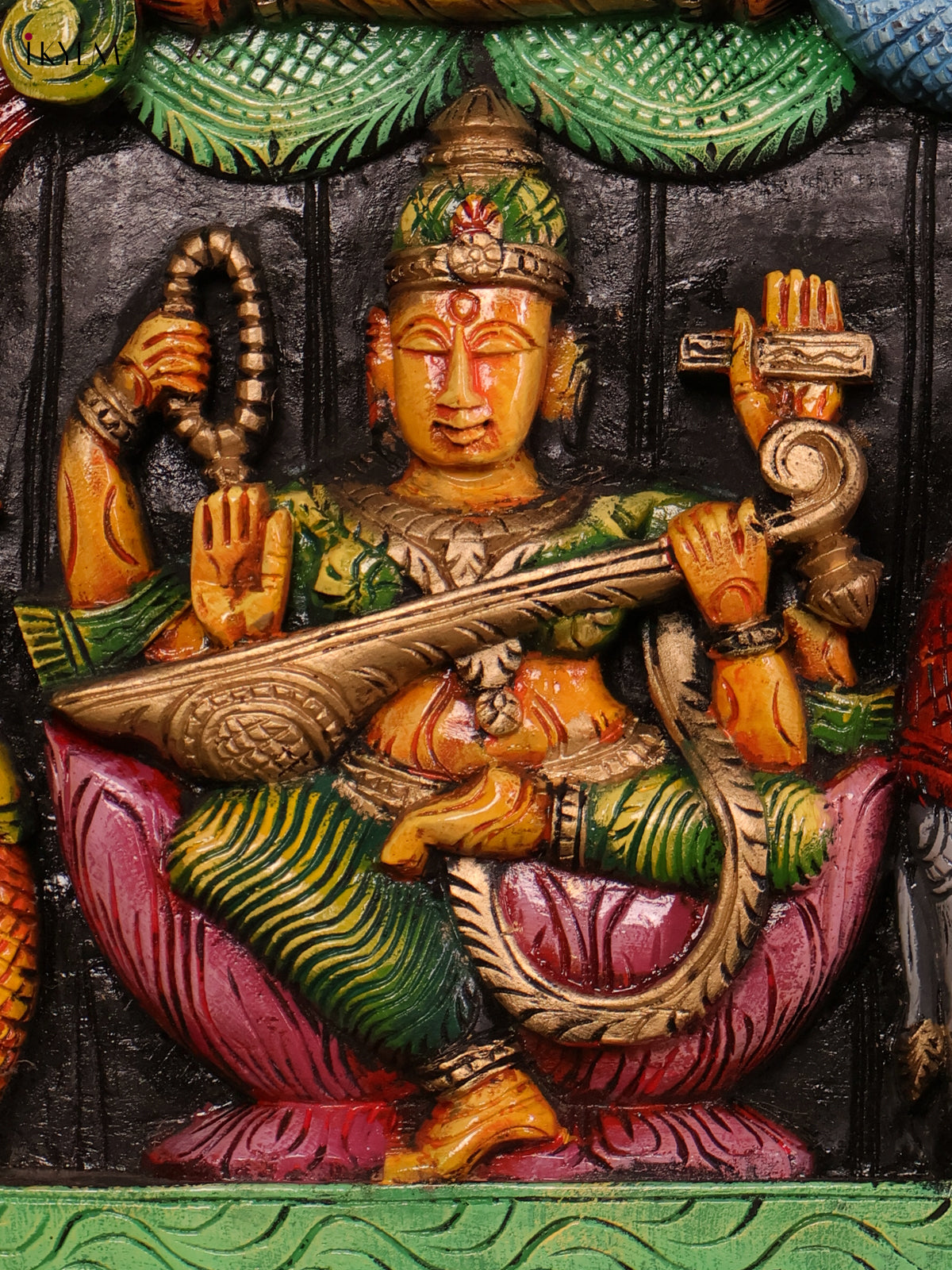 Intricate Handcrafted Lakshmi, Saraswati & Ganesha Wooden Panel 3
