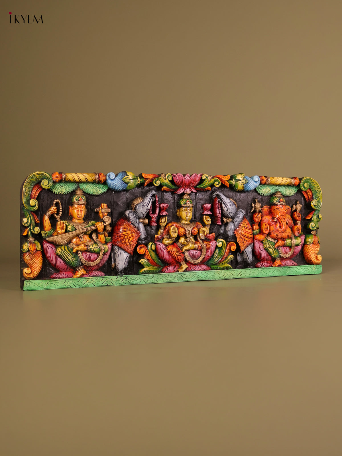 Intricate Handcrafted Lakshmi, Saraswati & Ganesha Wooden Panel 4