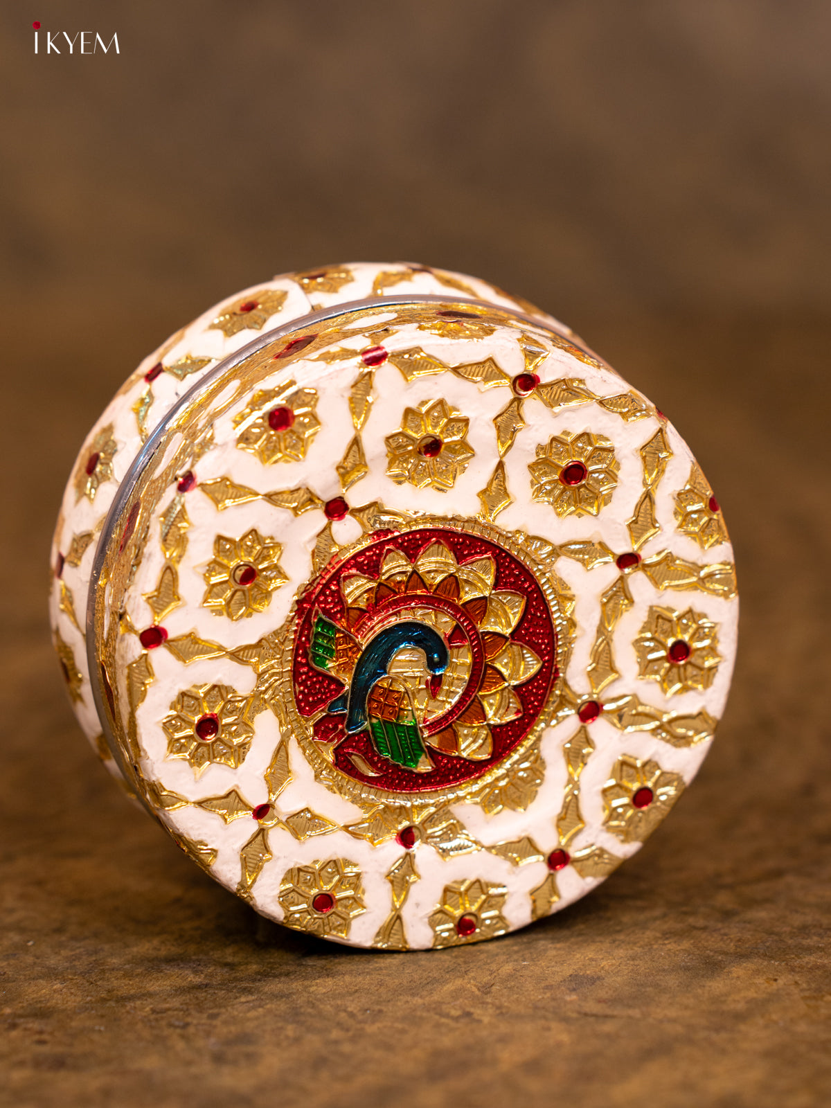 Meenakari Round Dabba - Off White - (4×4) - KA08113