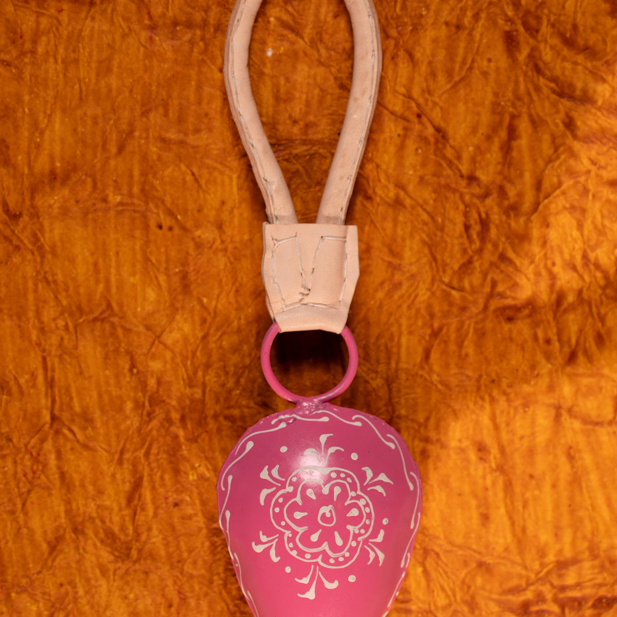Hand Painted Cow Bell with Leather Handle- Small - Pink with White - K ...