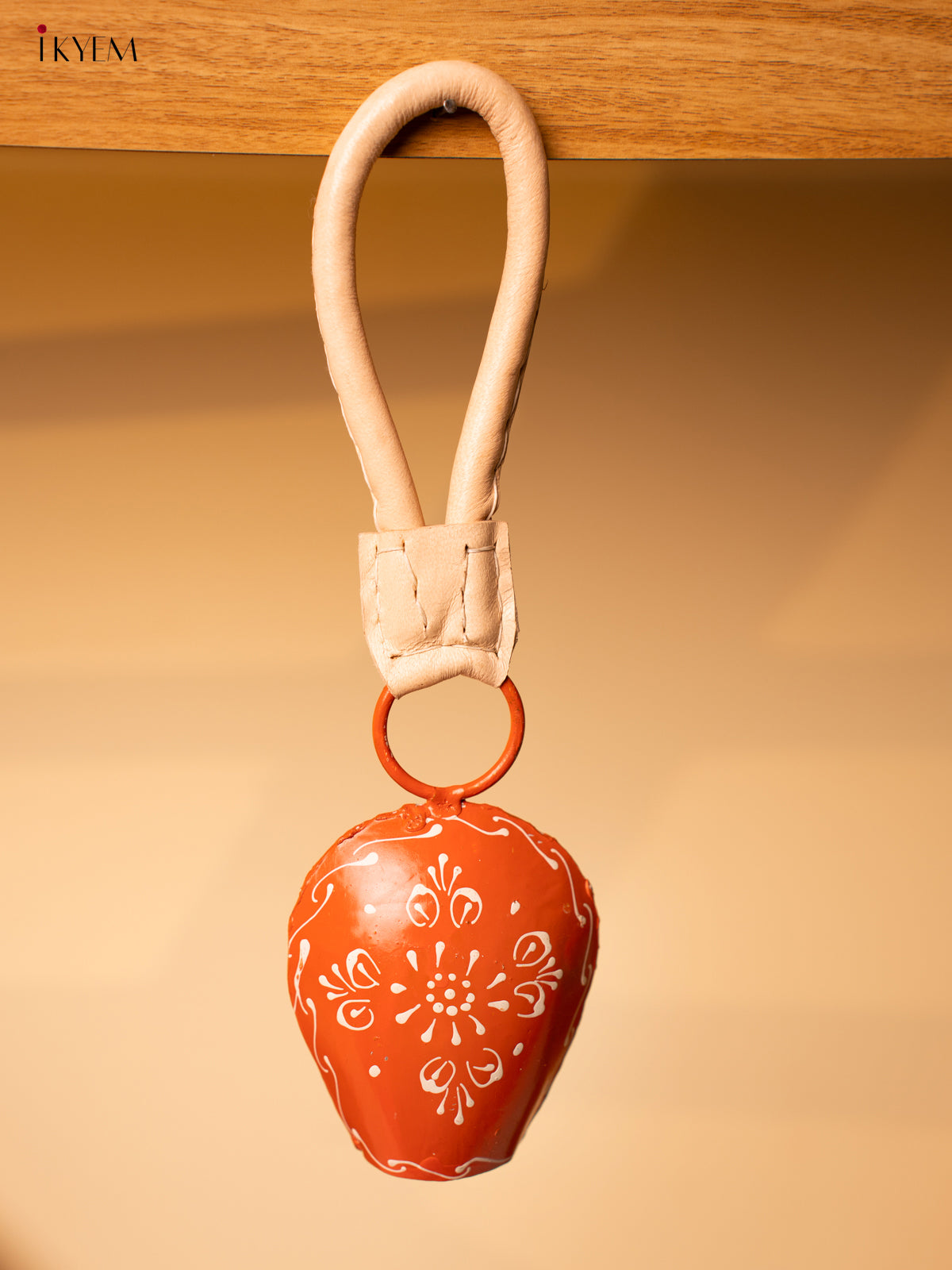 Hand Painted Cow Bell with Leather Handle - Small - Orange - KA11124