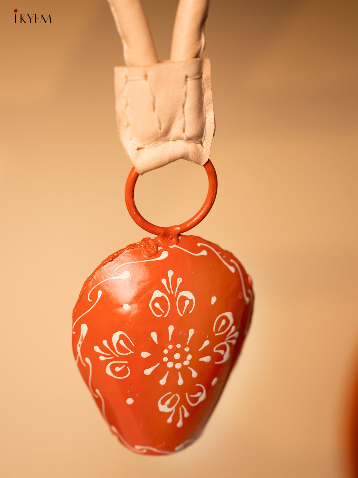 Hand Painted Cow Bell with Leather Handle - Small - Orange - KA11124