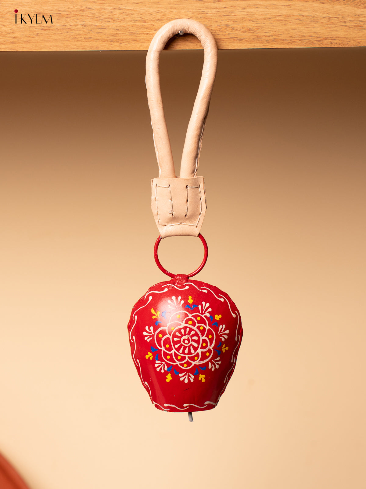 Hand Painted Cow Bell with Leather Handle - Small - Red with White - KA11129