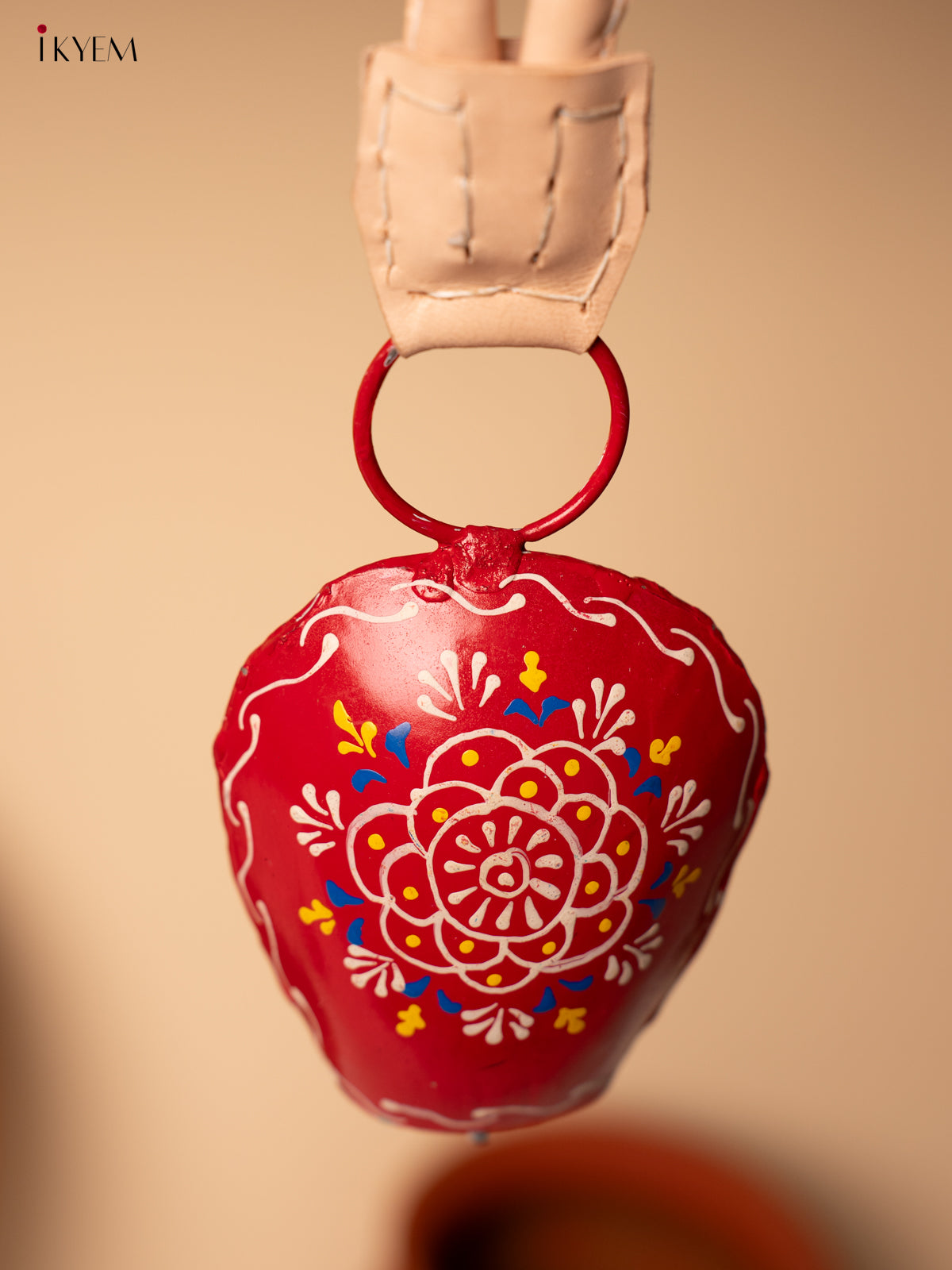 Hand Painted Cow Bell with Leather Handle - Small - Red with White - KA11129
