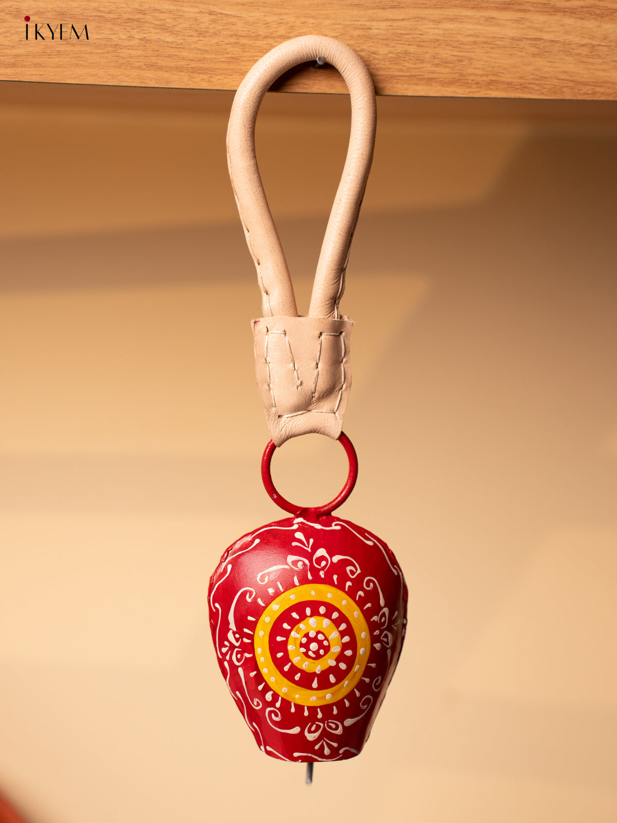 Hand Painted Cow Bell with Leather Handle - Small - Red with Yellow - KA11130