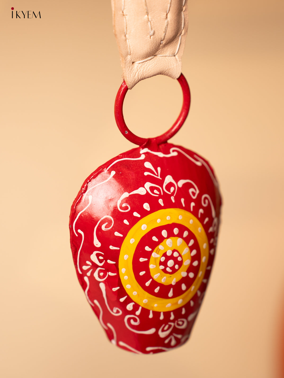 Hand Painted Cow Bell with Leather Handle - Small - Red with Yellow - KA11130