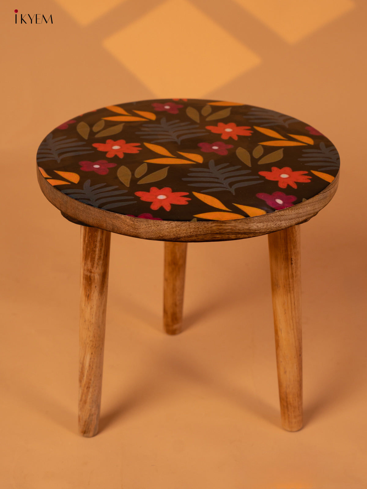 Wooden Centre Stool with Digital Printed Seater - 12 Inch- Floral - KA11161