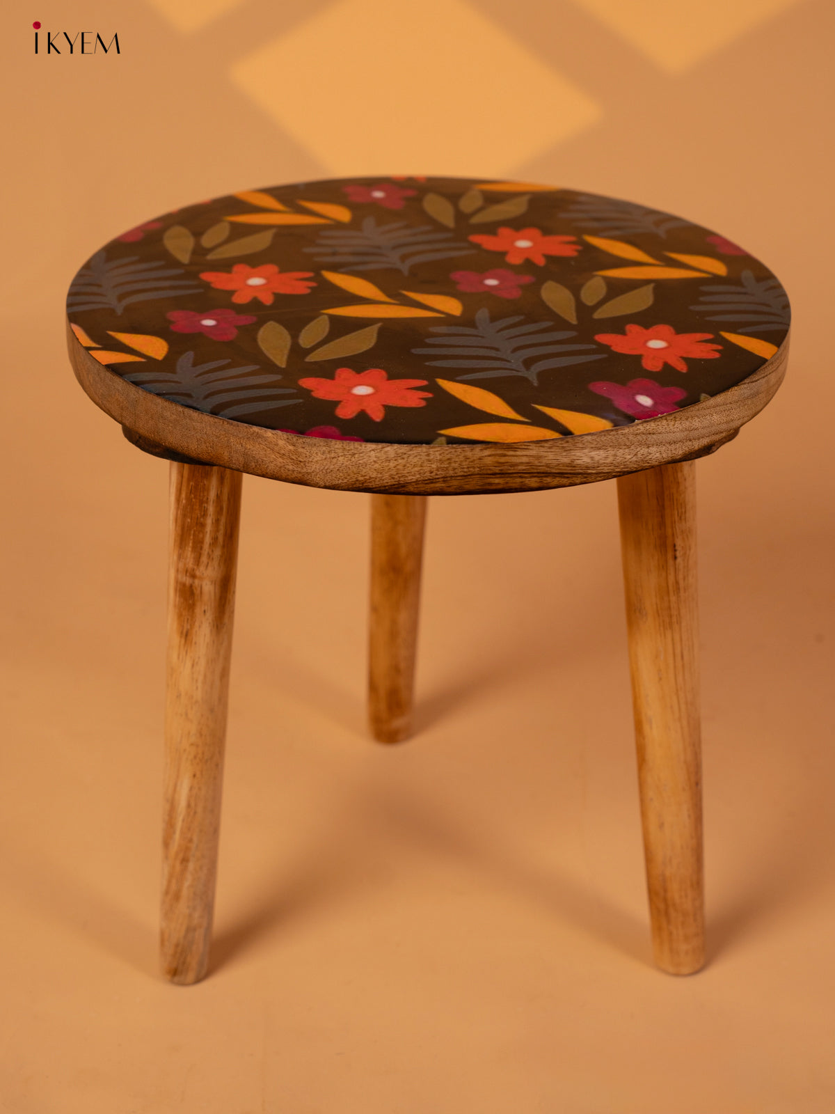 Wooden Centre Stool with Digital Printed Seater - 12 Inch- Floral - KA11161