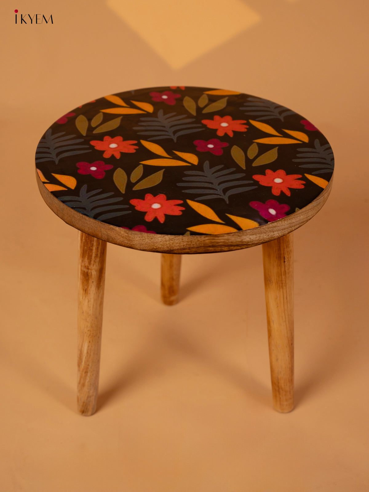 Wooden Centre Stool with Digital Printed Seater - 12 Inch- Floral - KA11161