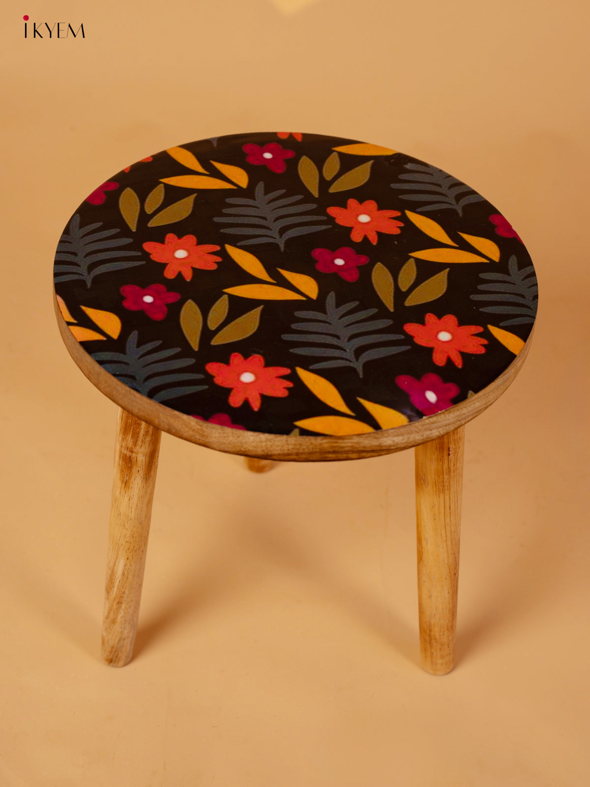 Wooden Centre Stool with Digital Printed Seater - 12 Inch- Floral - KA11161