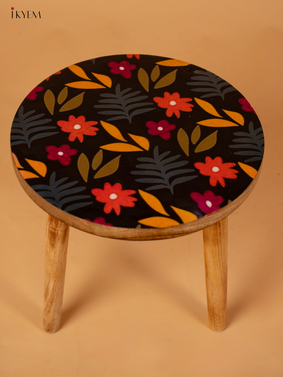 Wooden Centre Stool with Digital Printed Seater - 12 Inch- Floral - KA11161