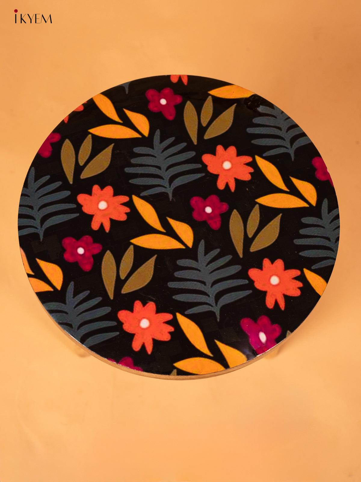 Wooden Centre Stool with Digital Printed Seater - 12 Inch- Floral - KA11161