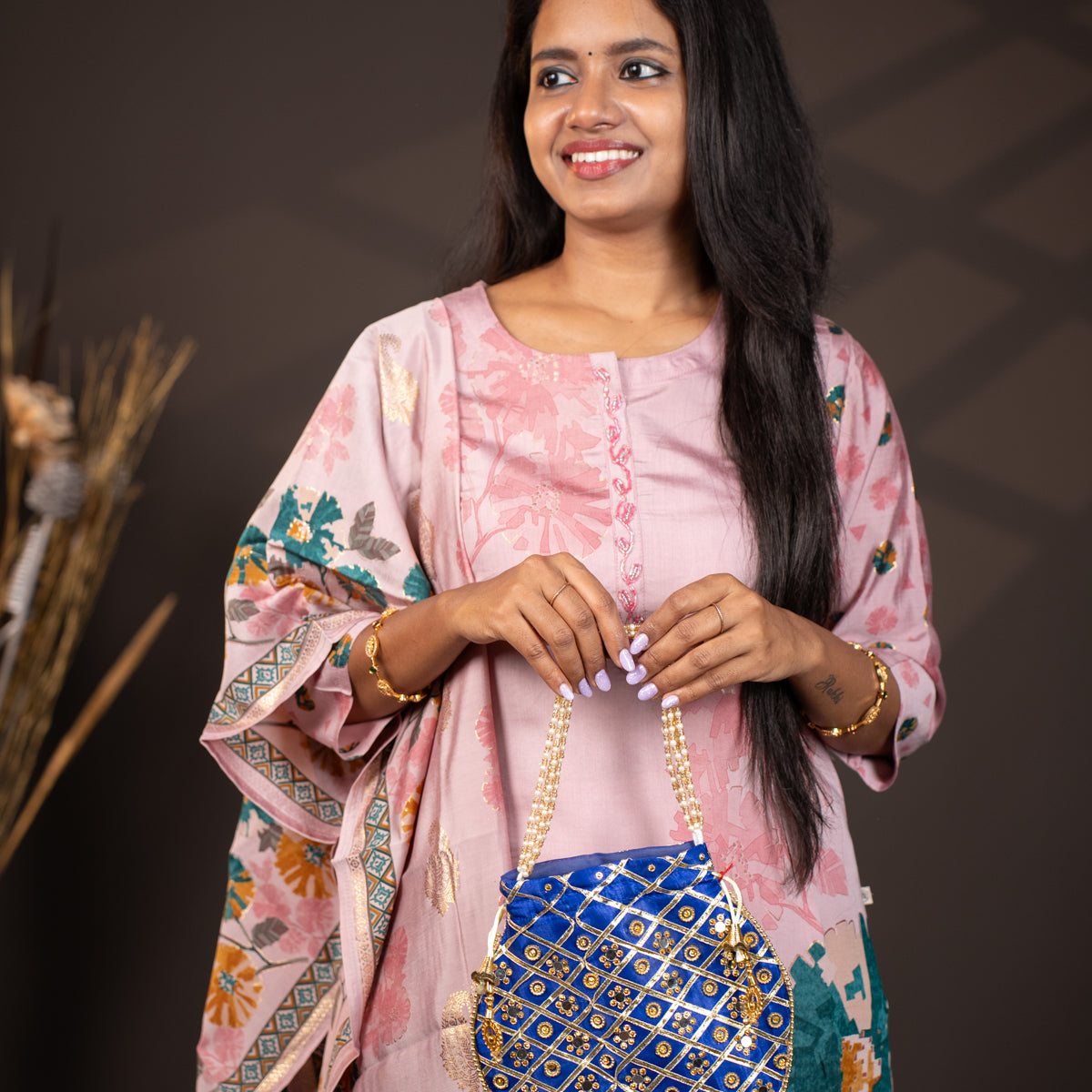 Designer Potli Bag with Mirror Work - Blue - KA18158 – Ikyem