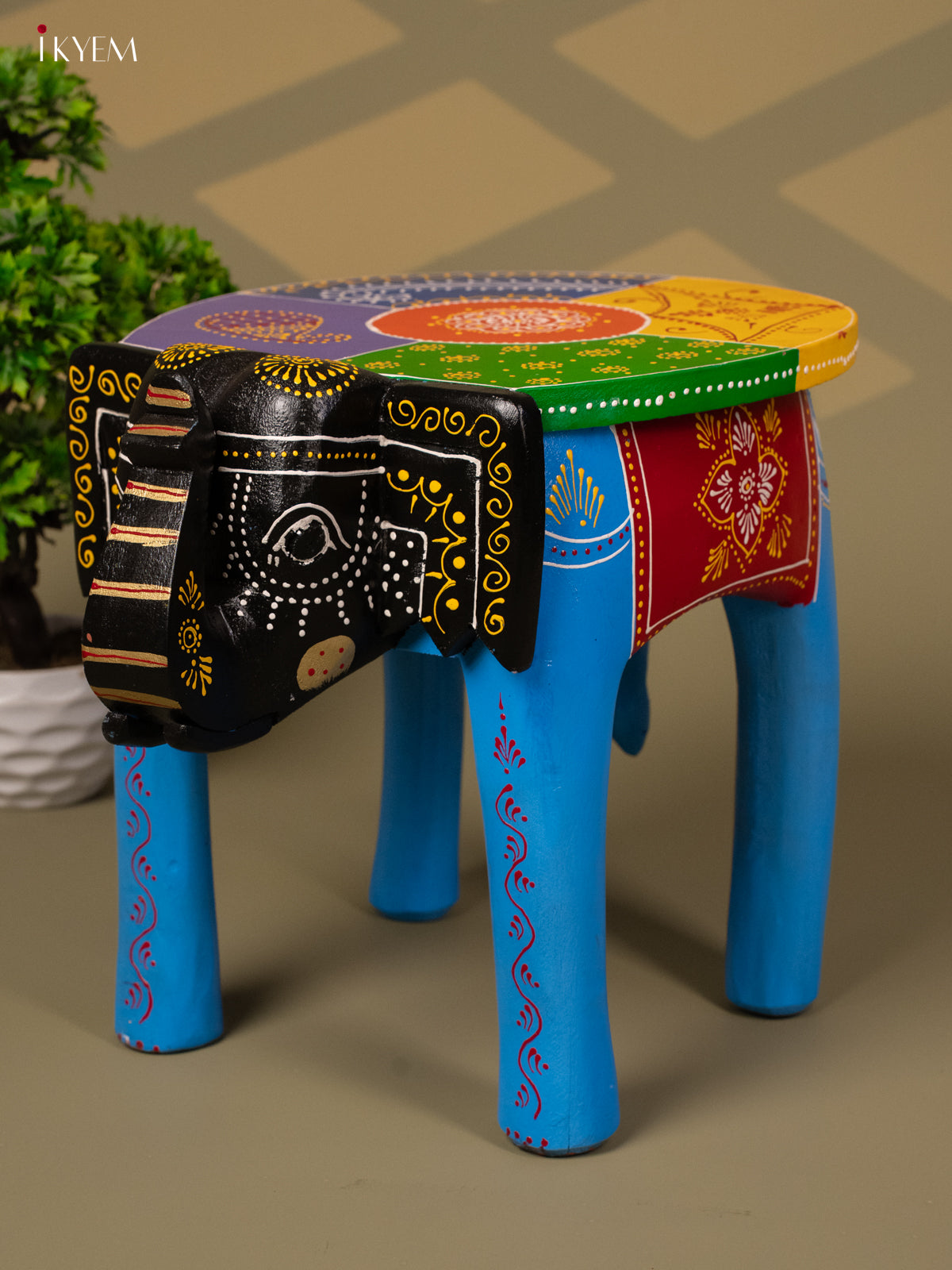 Hand Painted Elephant Stool - Blue - 12 inch - KA30126