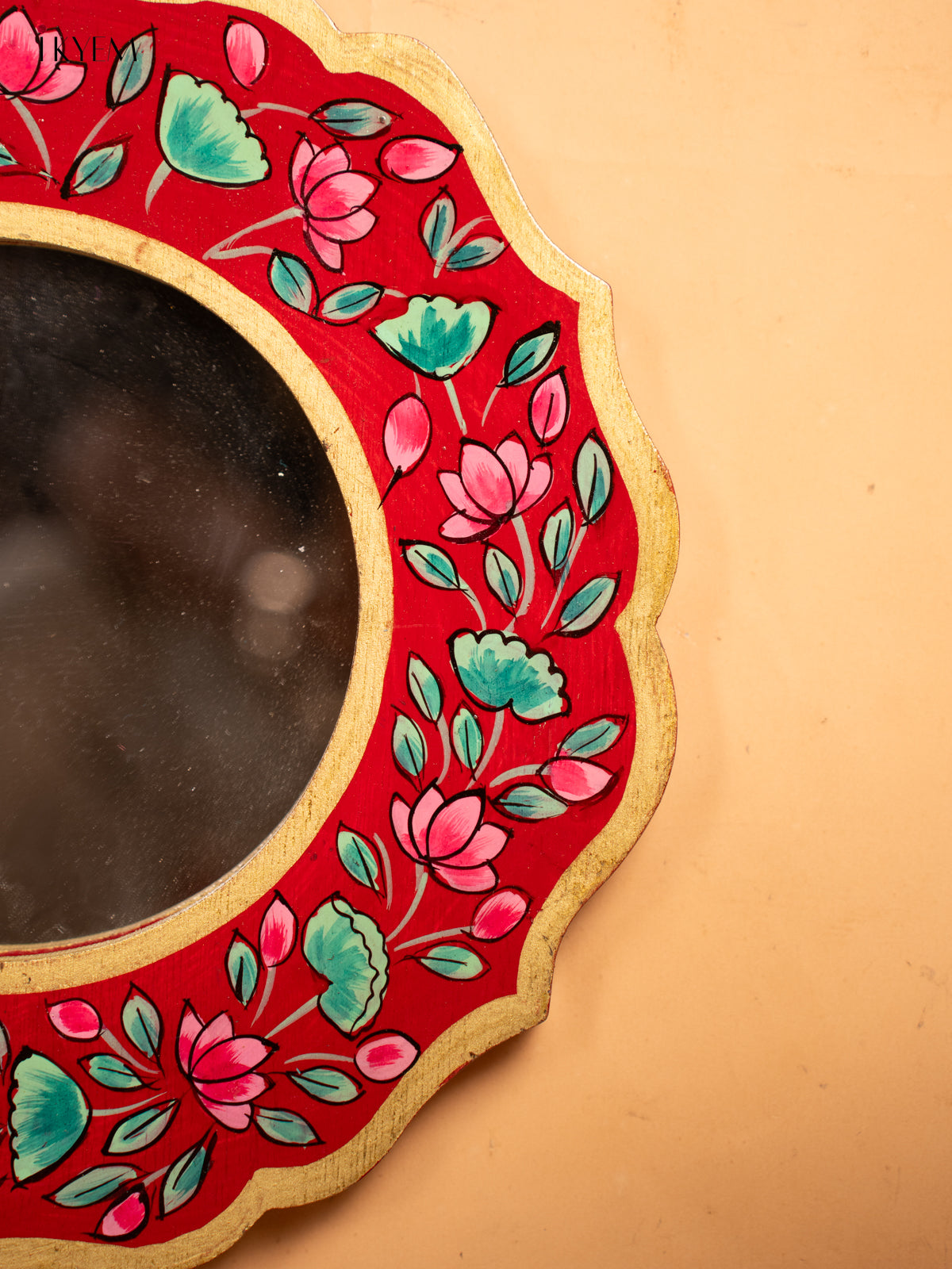 Wooden Hand Painted Round Mirror Frame - 11 inch - Red -KA30151