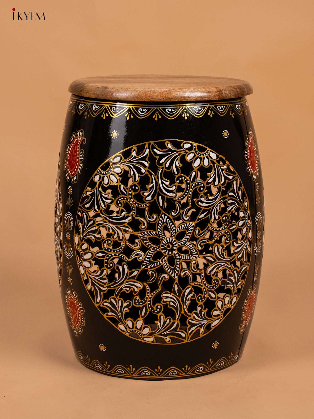 Hand Painted Metal Center Stool with Wooden Seater - Black - KB01111