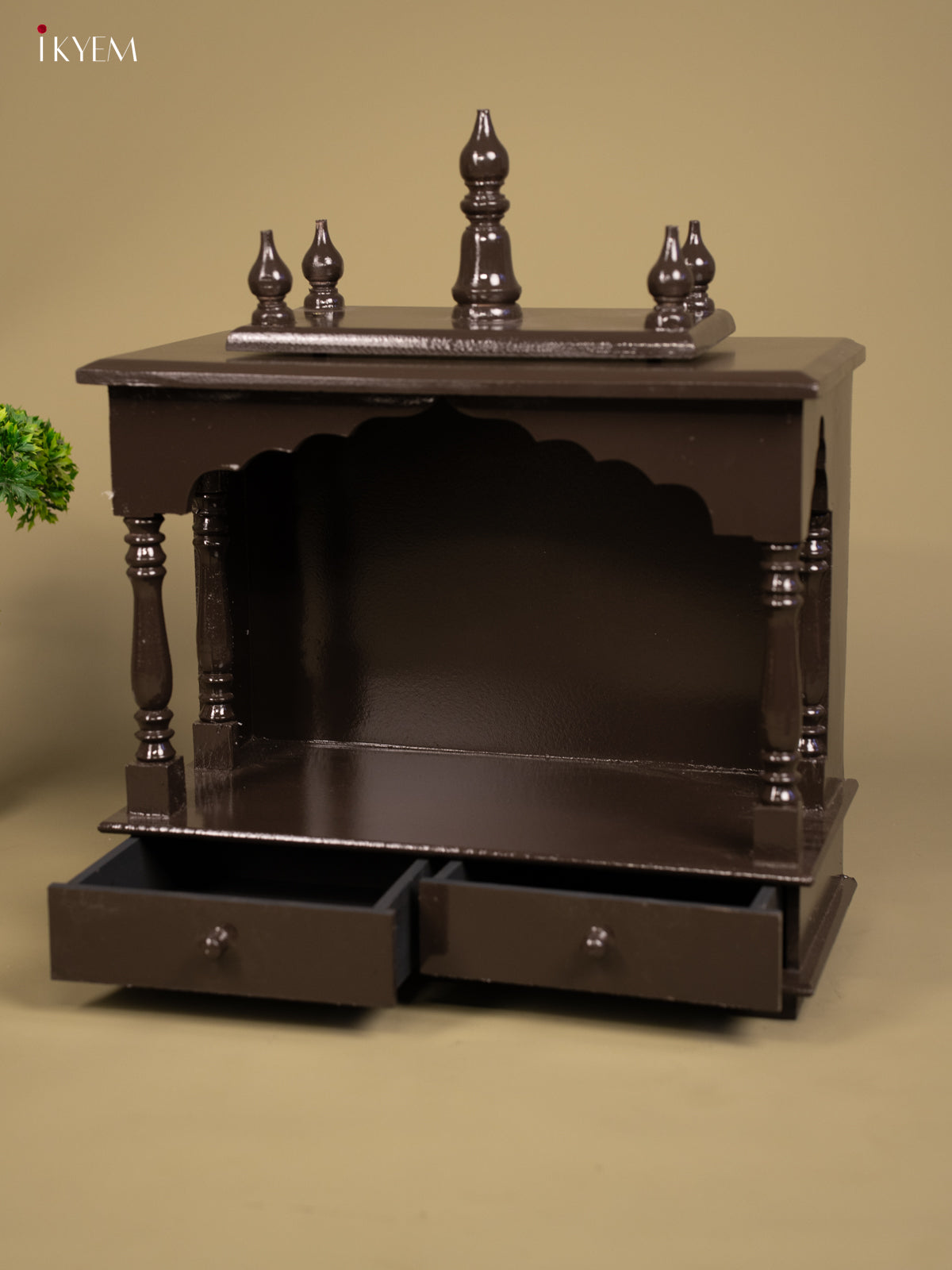 Wooden Hand Painted Mandir with 2 Drawers -22 Inch- Brown - KB04116