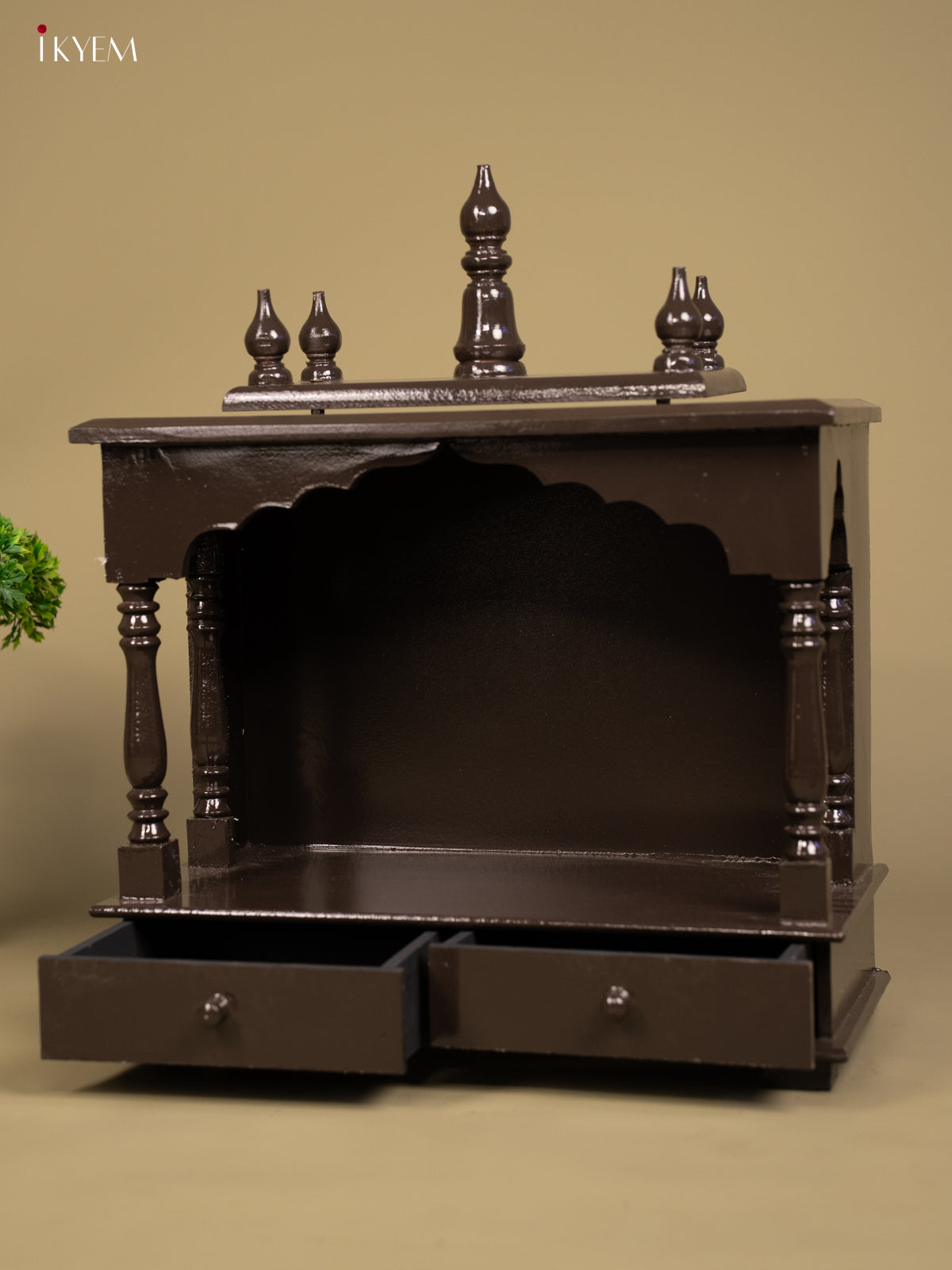 Wooden Hand Painted Mandir with 2 Drawers -22 Inch- Brown - KB04116