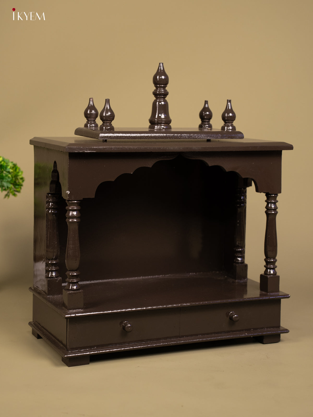 Wooden Hand Painted Mandir with 2 Drawers -22 Inch- Brown - KB04116