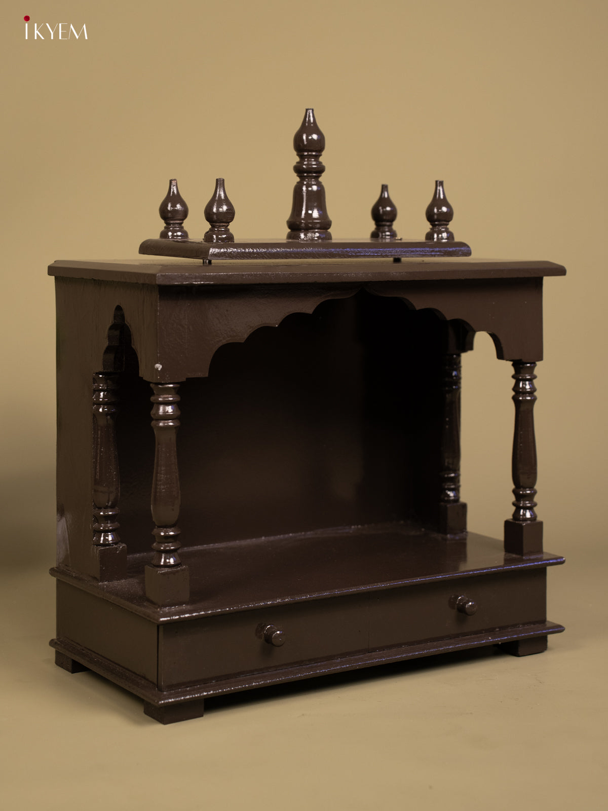 Wooden Hand Painted Mandir with 2 Drawers -22 Inch- Brown - KB04116