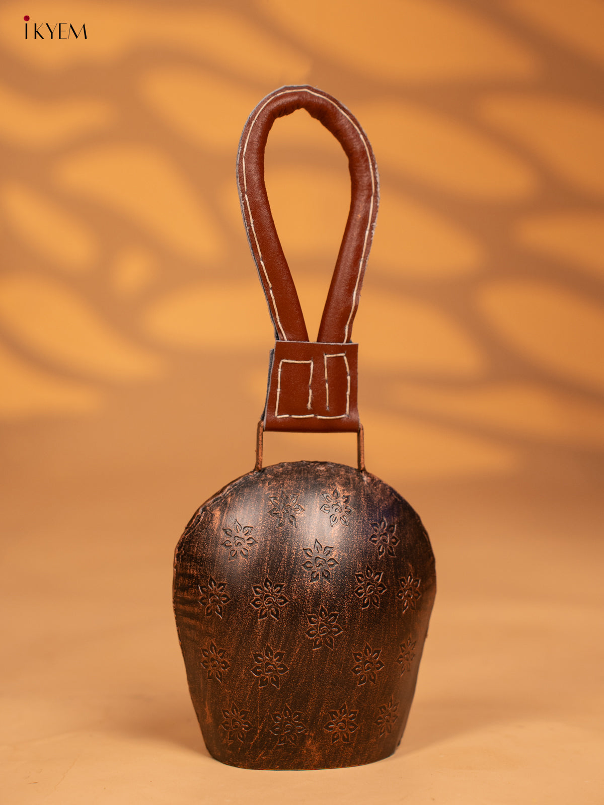 Metal Cow Bell with Floral Engraving & Leather Handle - 5 Inch Antique Copper - KB05112