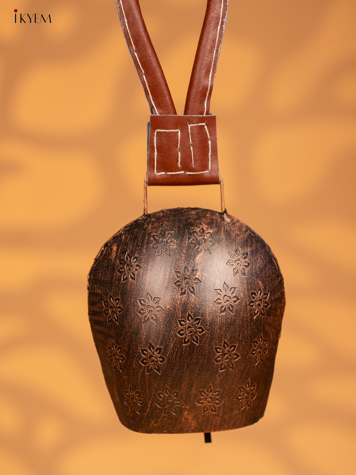 Metal Cow Bell with Floral Engraving & Leather Handle - 5 Inch Antique Copper - KB05112