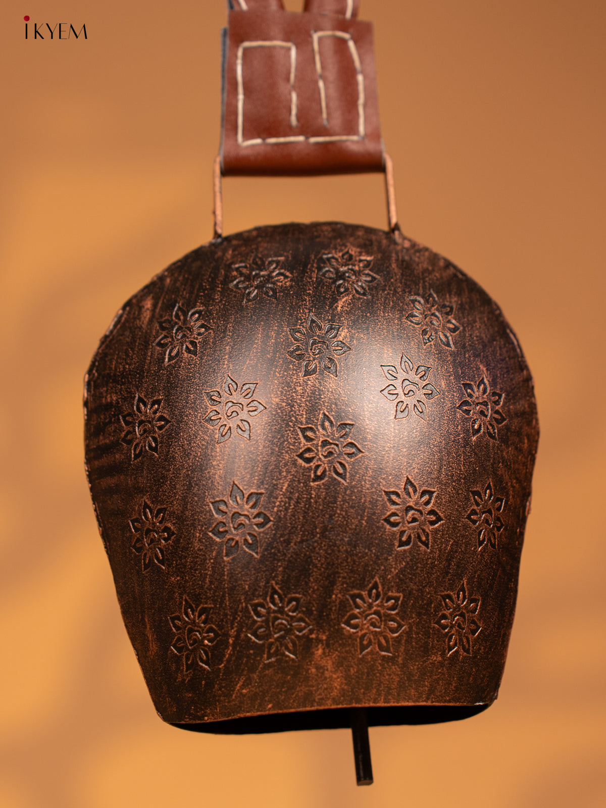 Metal Cow Bell with Floral Engraving & Leather Handle - 5 Inch Antique Copper - KB05112