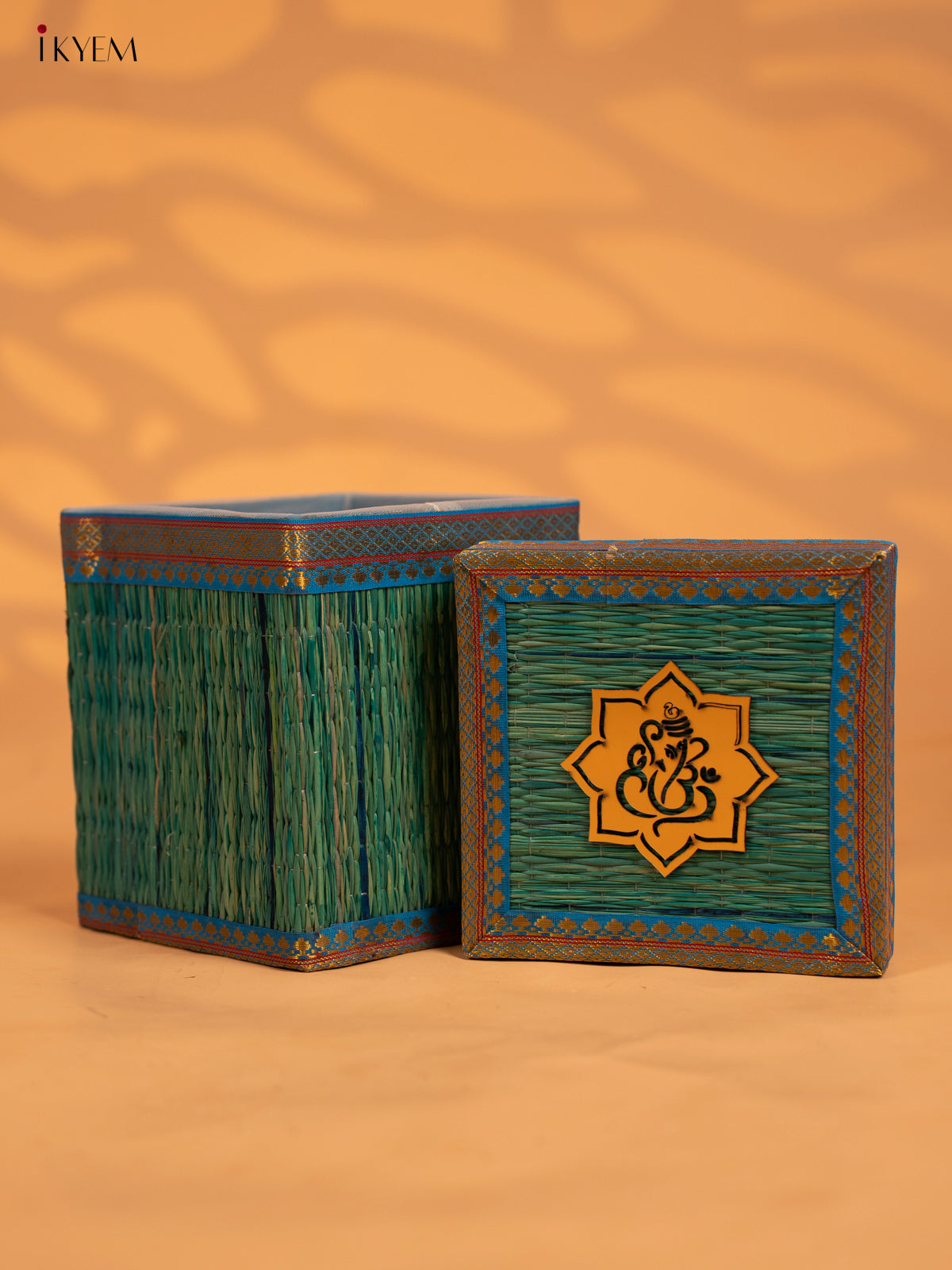 Korai Gift Box with Net Potli with Ganesha Motif -7 Inch- Blue - KB17143
