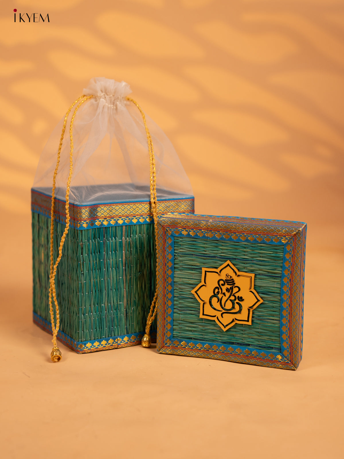 Korai Gift Box with Net Potli with Ganesha Motif -7 Inch- Blue - KB17143