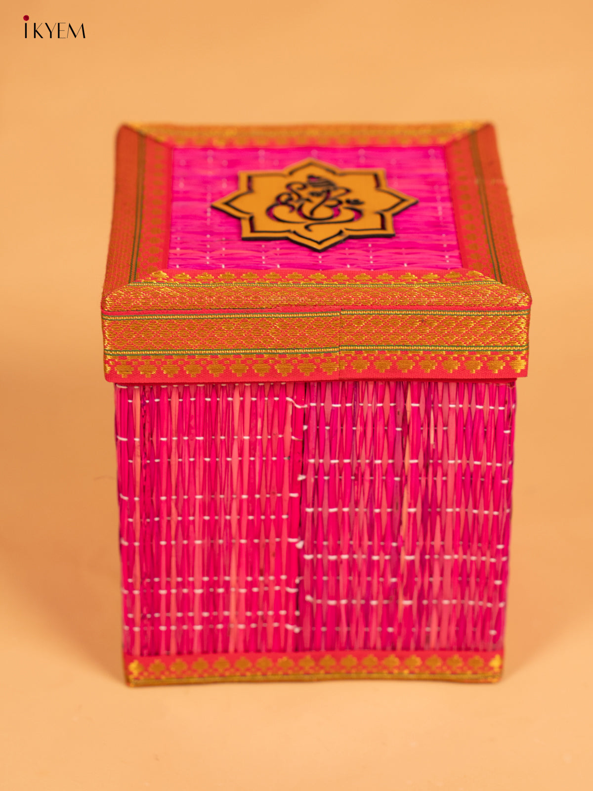 Korai Gift Box with Net Potli with Ganesha Motif - 7 Inch- Pink - KB17146