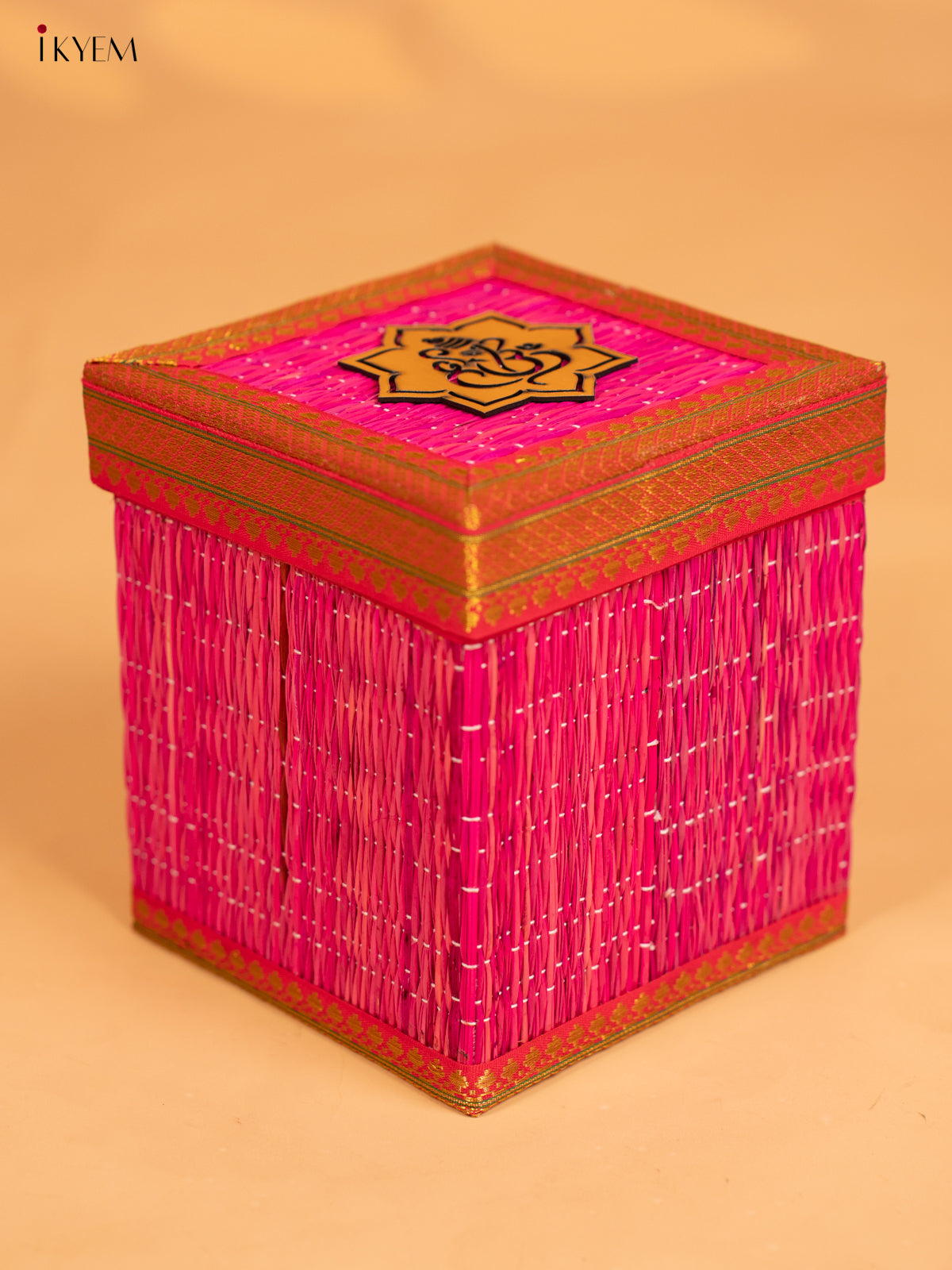 Korai Gift Box with Net Potli with Ganesha Motif - 7 Inch- Pink - KB17146