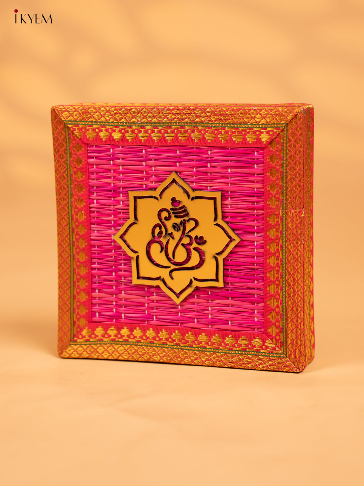 Korai Gift Box with Net Potli with Ganesha Motif - 7 Inch- Pink - KB17146