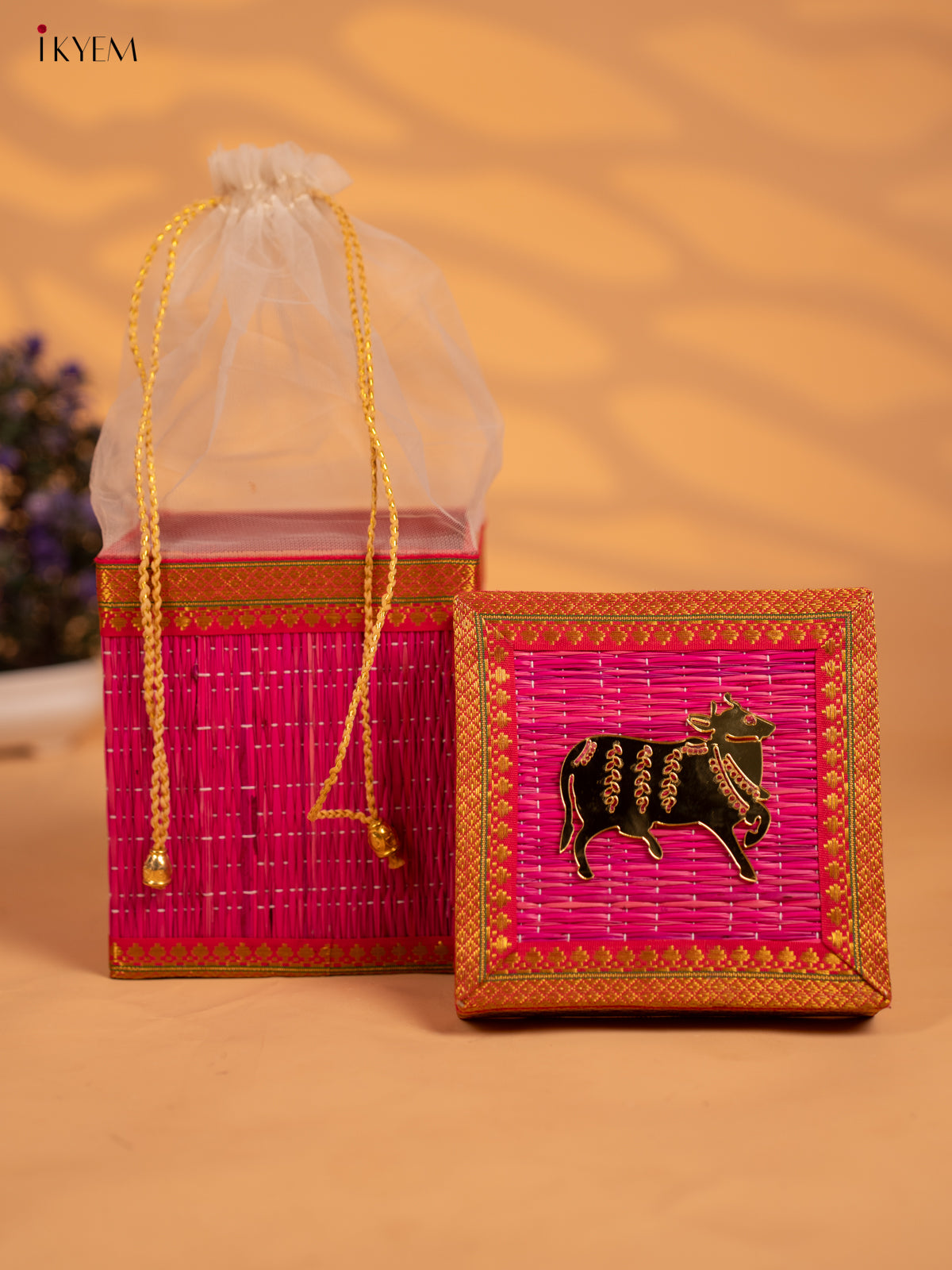 Korai Gift Box with Net Potli with Pichwai Motif - Pink - KB17147