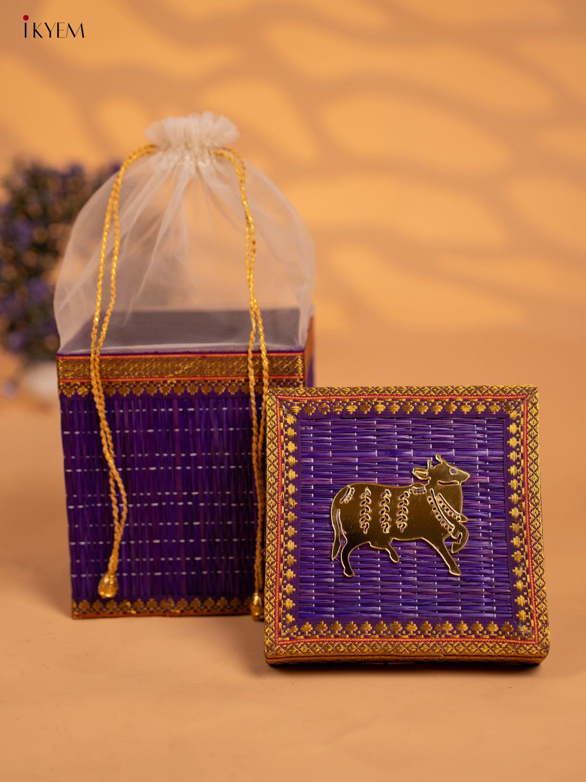Korai Gift Box with Net Potli with Pichwai Motif - Purple - KB17148