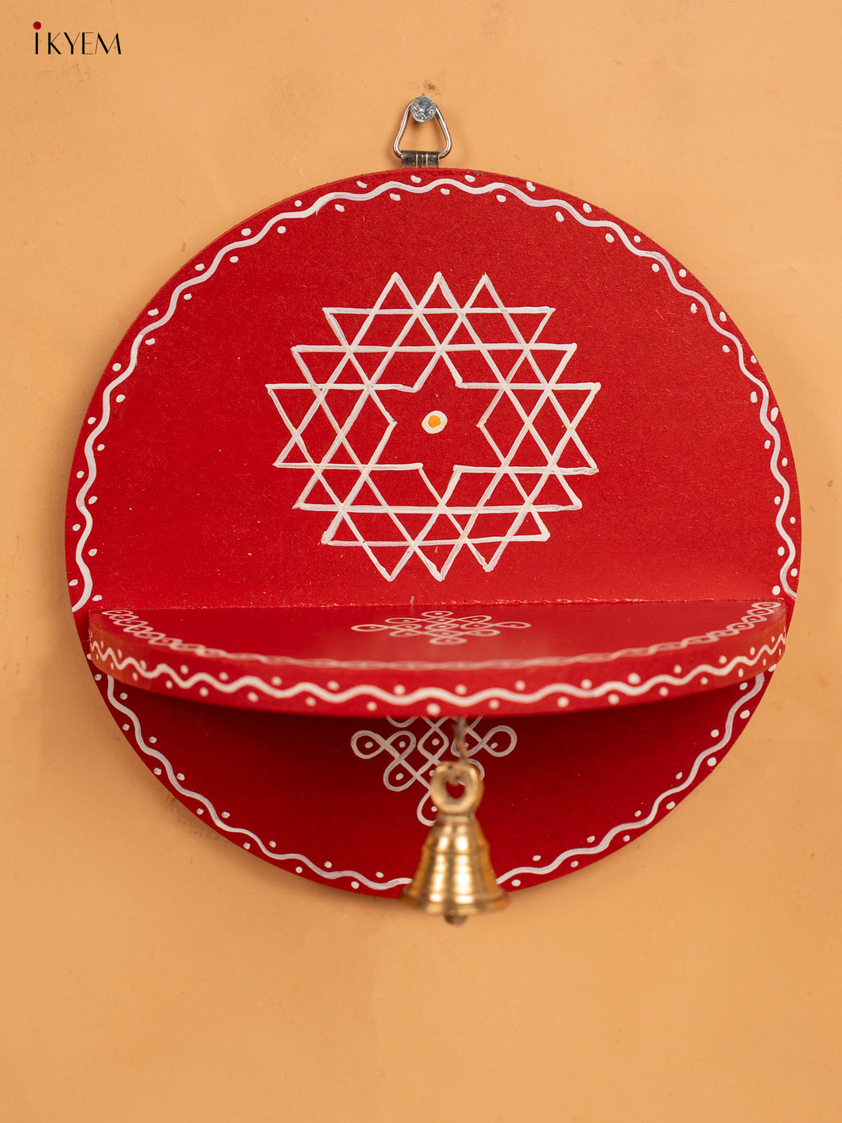 Hand Painted Round Wall Shelf with Brass Bell - Red - KB17157