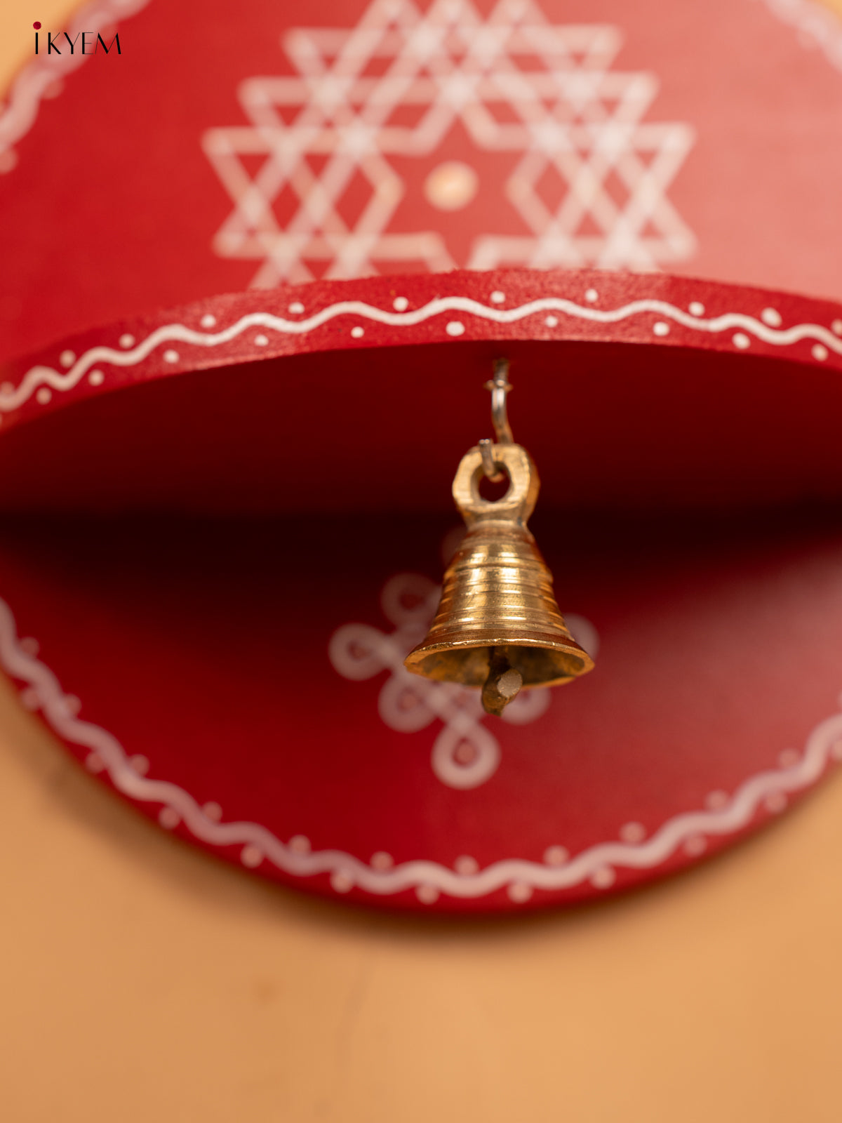 Hand Painted Round Wall Shelf with Brass Bell - Red - KB17157