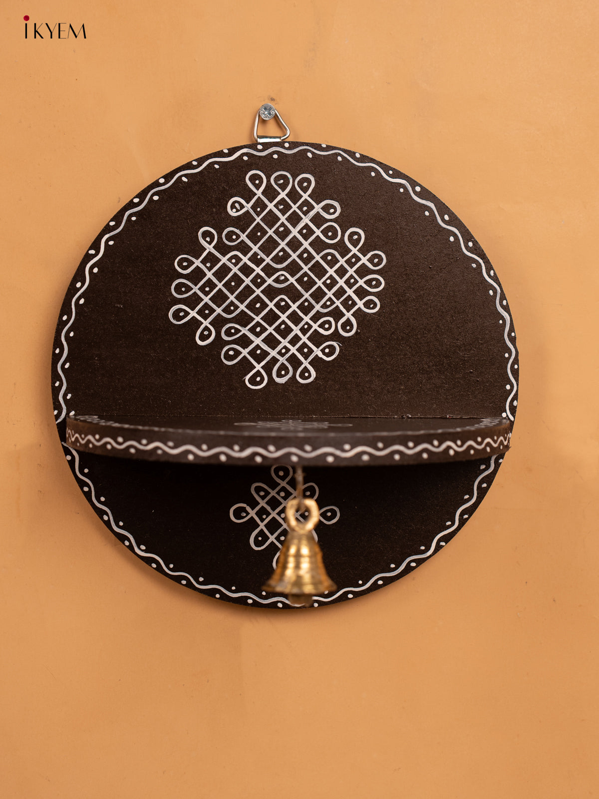 Hand Painted Round Wall Shelf with Brass Bell - Brown - KB17159