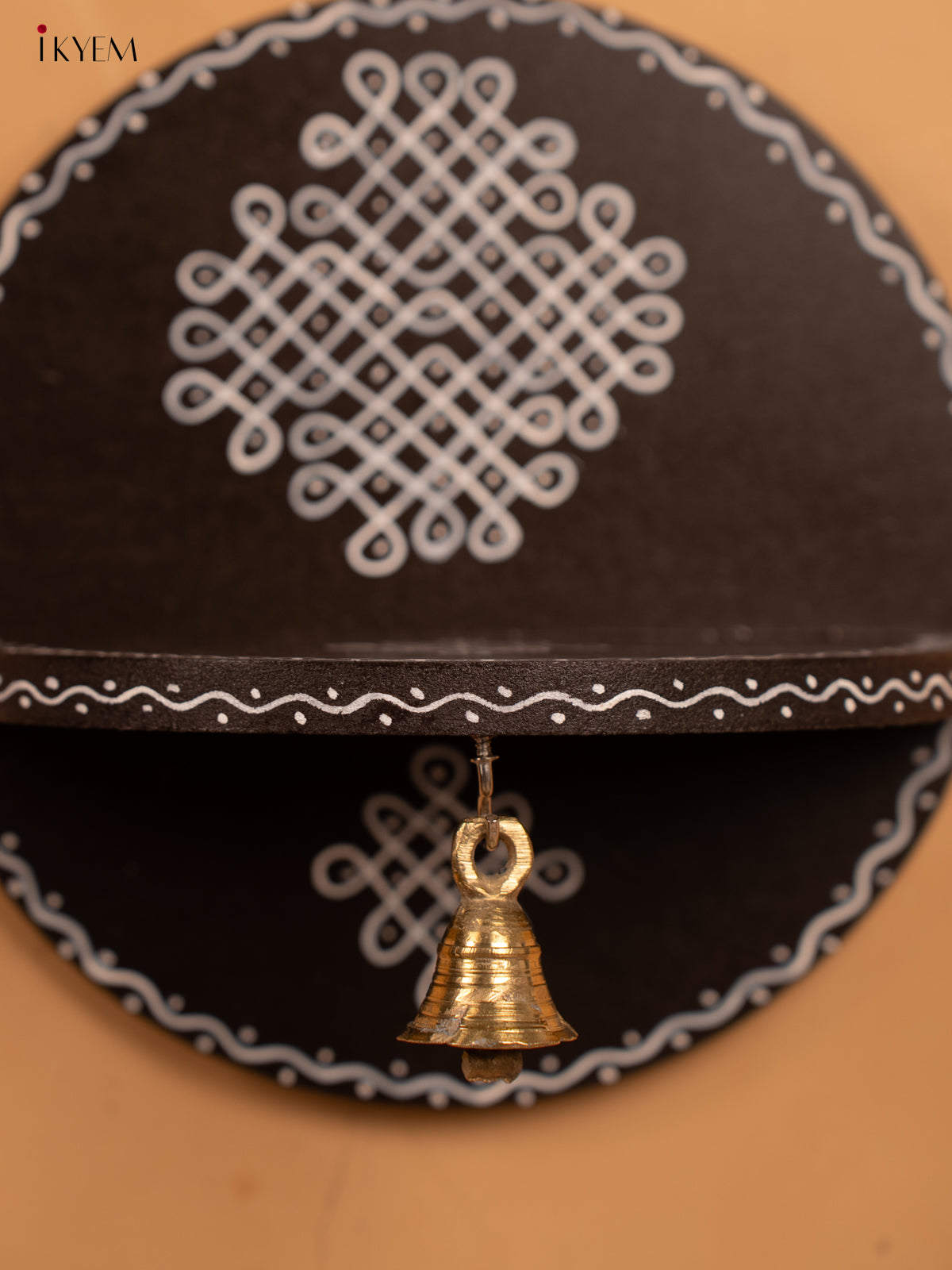 Hand Painted Round Wall Shelf with Brass Bell - Brown - KB17159